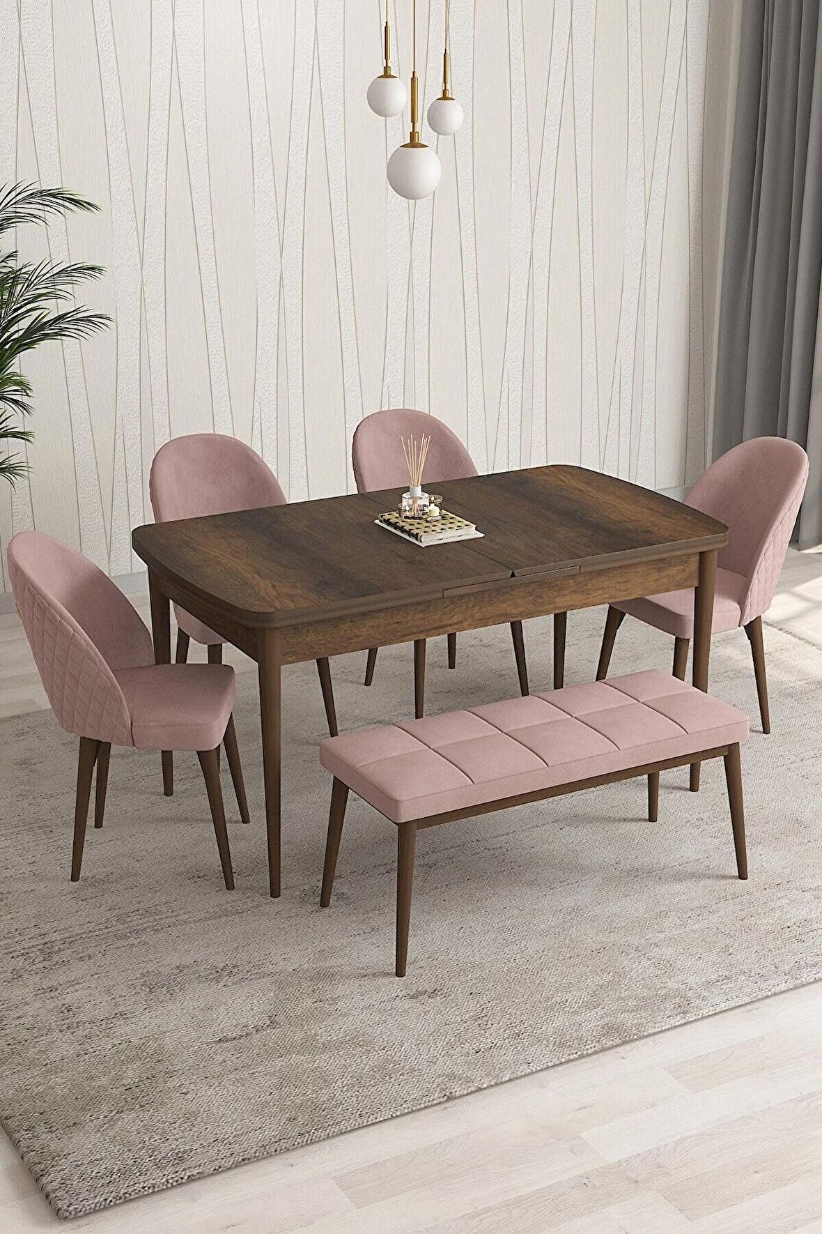 Rovena Arjeta Barok 80x132 Açılabilir Mdf Mutfak Masası Takımı 4 Adet Sandalye+1 Bench