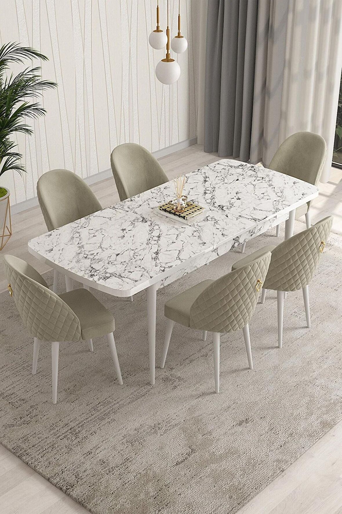 Rovena Arjeta Beyaz Mermer 80x132 Açılabilir Mdf Mutfak Masası Takımı 4 Adet Sandalye+1 Bench