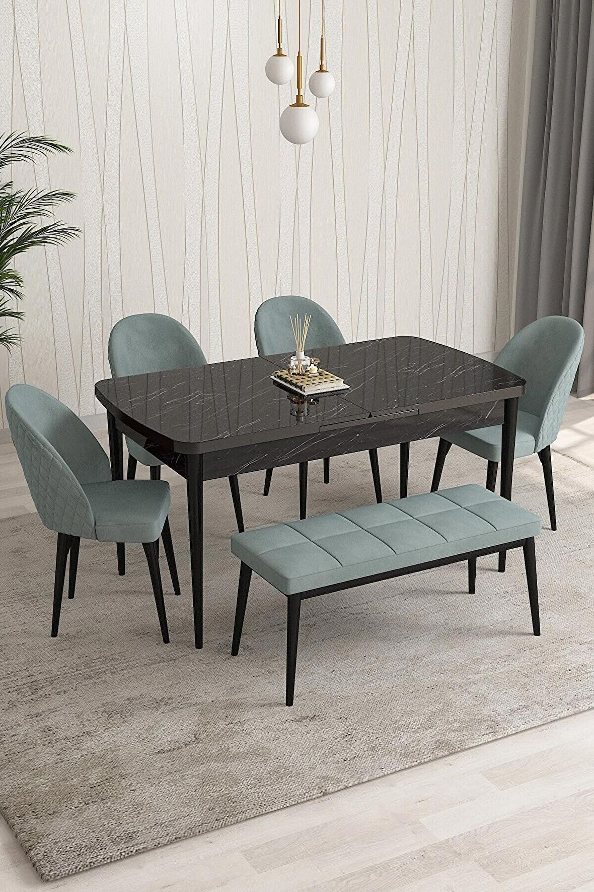 Rovena Arjeta Siyah Mermer 80x132 Açılabilir Mdf Mutfak Masası Takımı 4 Adet Sandalye+1 Bench