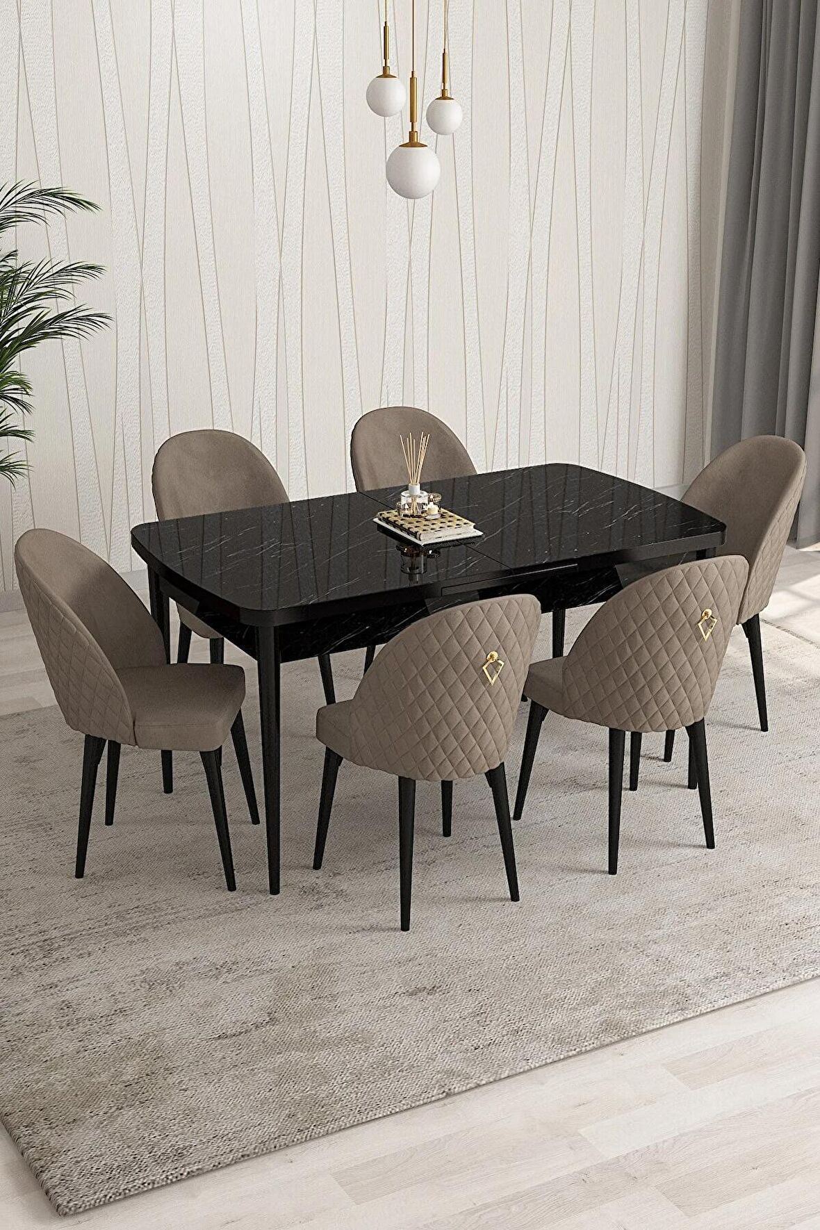 Rovena Arjeta Siyah Mermer 80x132 Açılabilir Mdf Mutfak Masası Takımı 6 Adet Sandalye