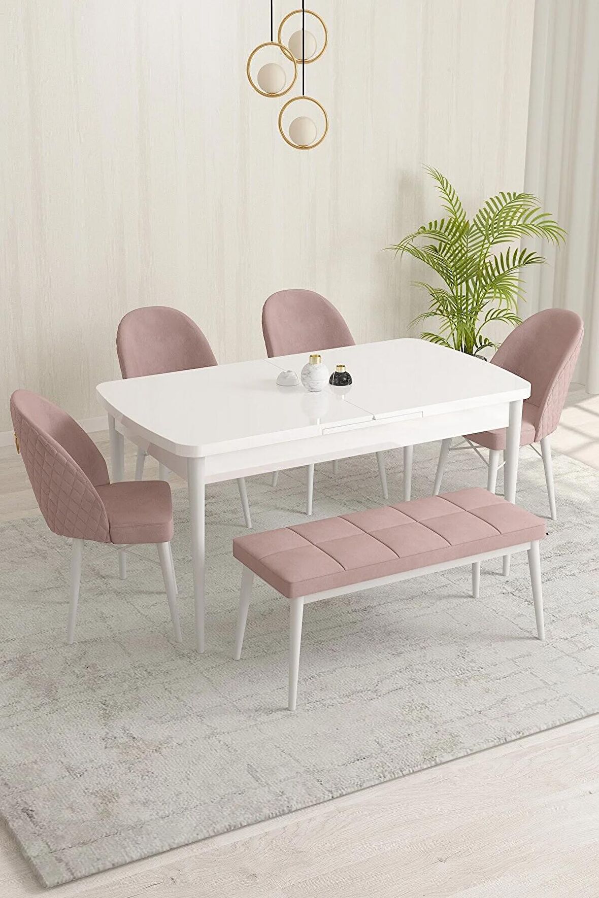 Rovena Marsilya Beyaz 80x132 Açılabilir Mdf Mutfak Masası Takımı 4 Adet Sandalye+1 Bench