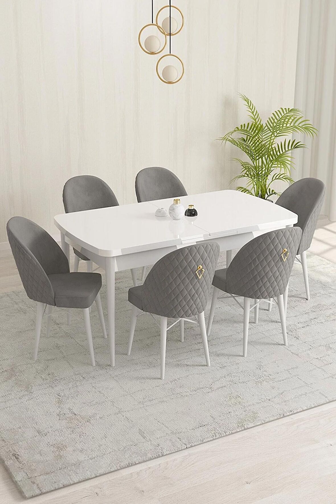 Rovena Marsilya Beyaz 80x132 Açılabilir Mdf Mutfak Masası Takımı 6 Adet Sandalye