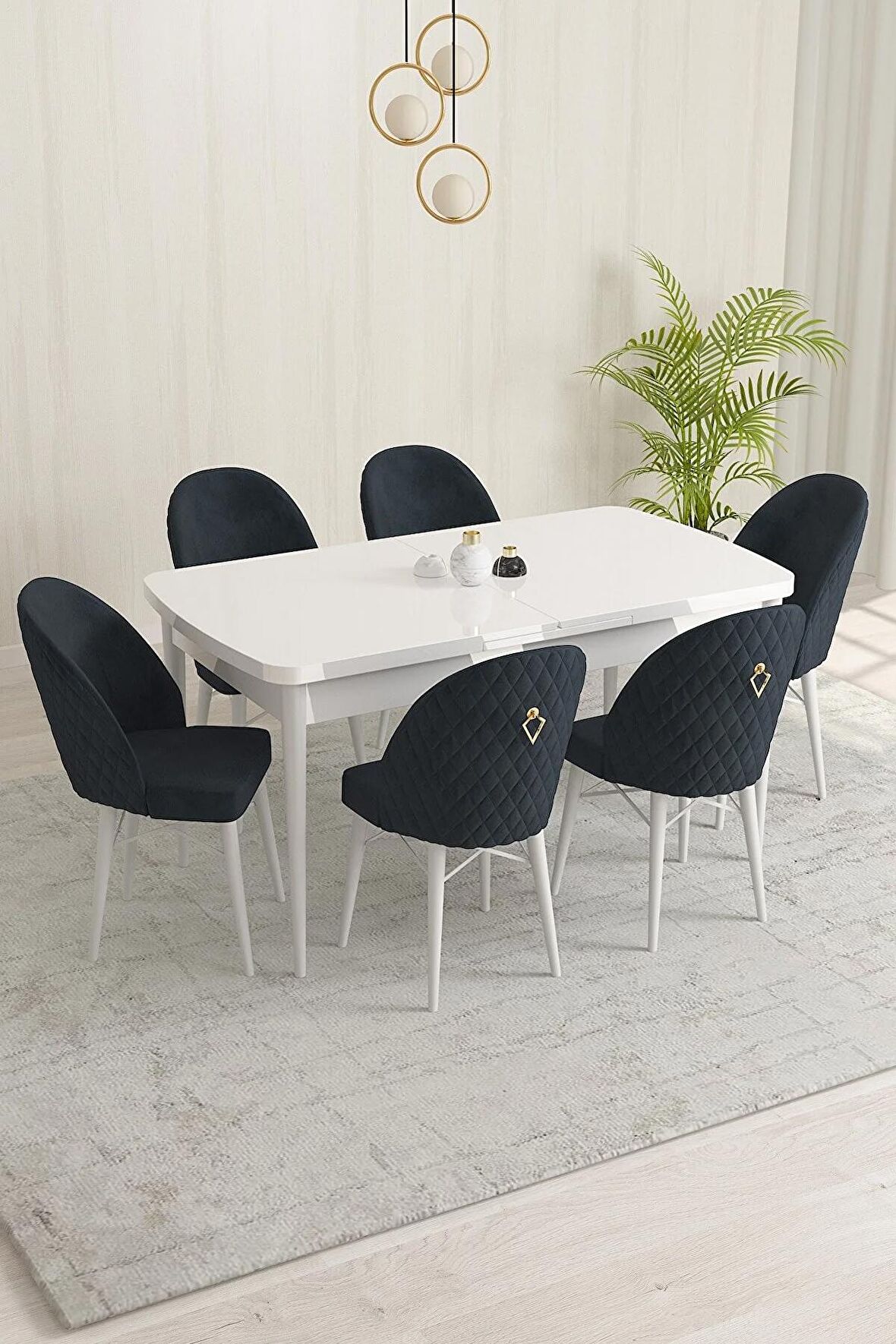 Rovena Marsilya Beyaz 80x132 Açılabilir Mdf Mutfak Masası Takımı 6 Adet Sandalye