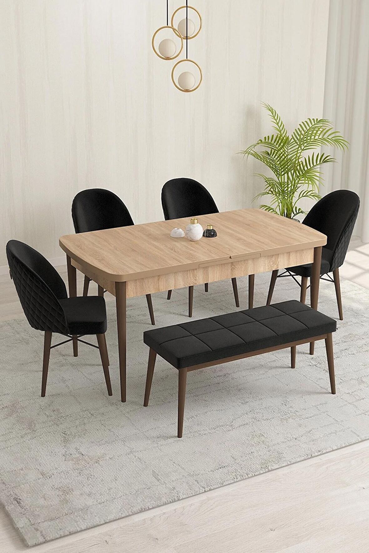 Rovena Marsilya Meşe 80x132 Açılabilir Mdf Mutfak Masası Takımı 4 Adet Sandalye+1 Bench