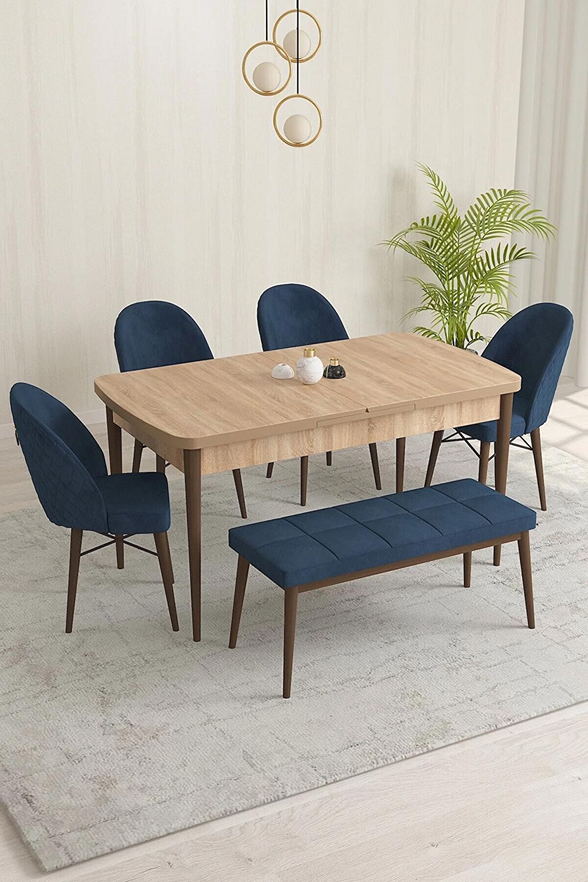 Rovena Marsilya Meşe 80x132 Açılabilir Mdf Mutfak Masası Takımı 4 Adet Sandalye+1 Bench