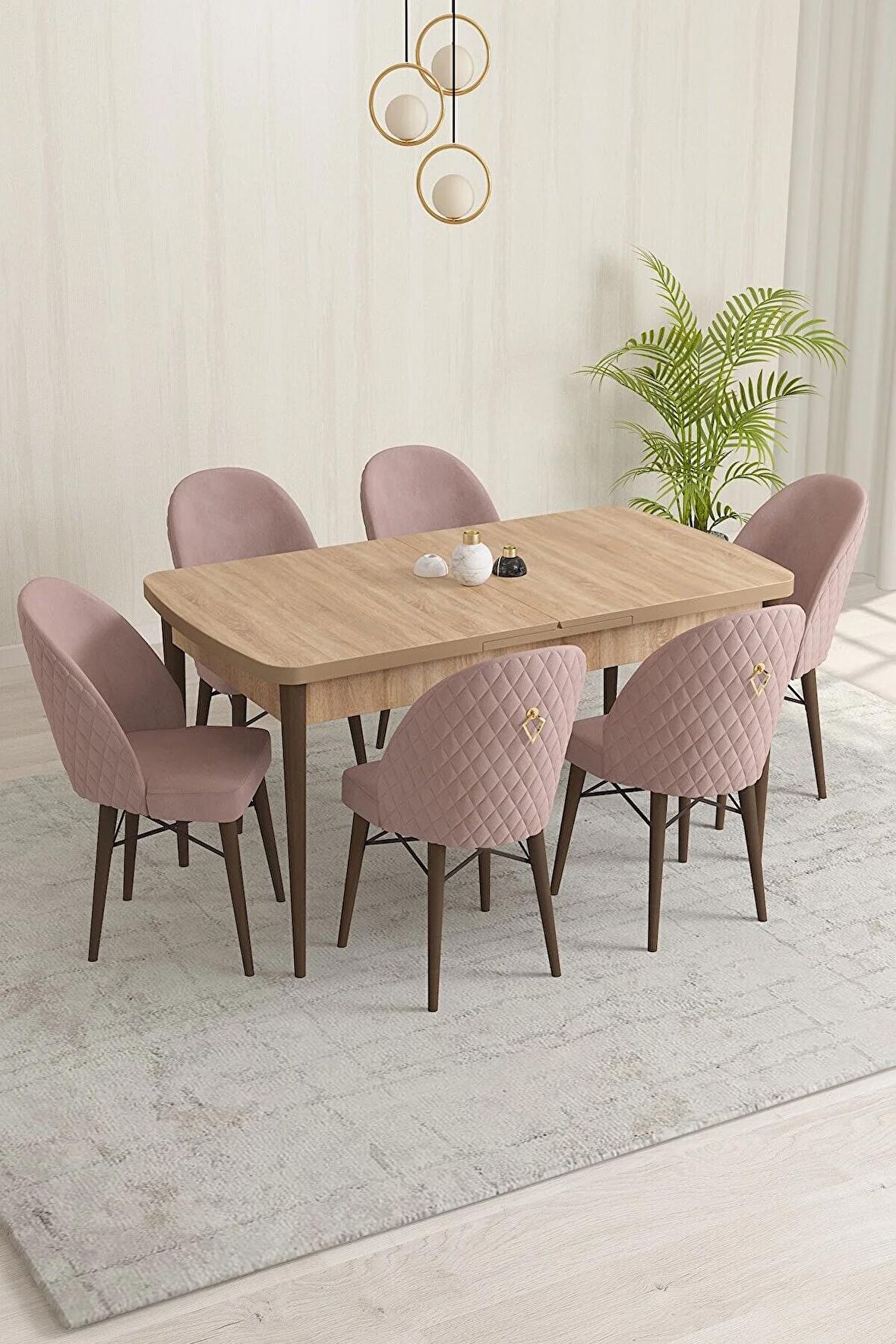 Rovena Marsilya Meşe 80x132 Açılabilir Mdf Mutfak Masası Takımı 6 Adet Sandalye