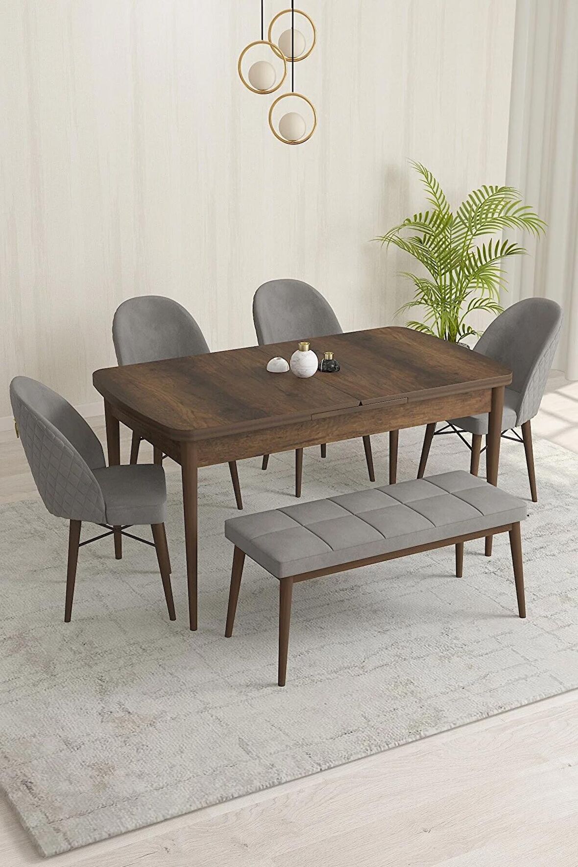 Rovena Marsilya Barok 80x132 Açılabilir Mdf Mutfak Masası Takımı 4 Adet Sandalye+1 Bench