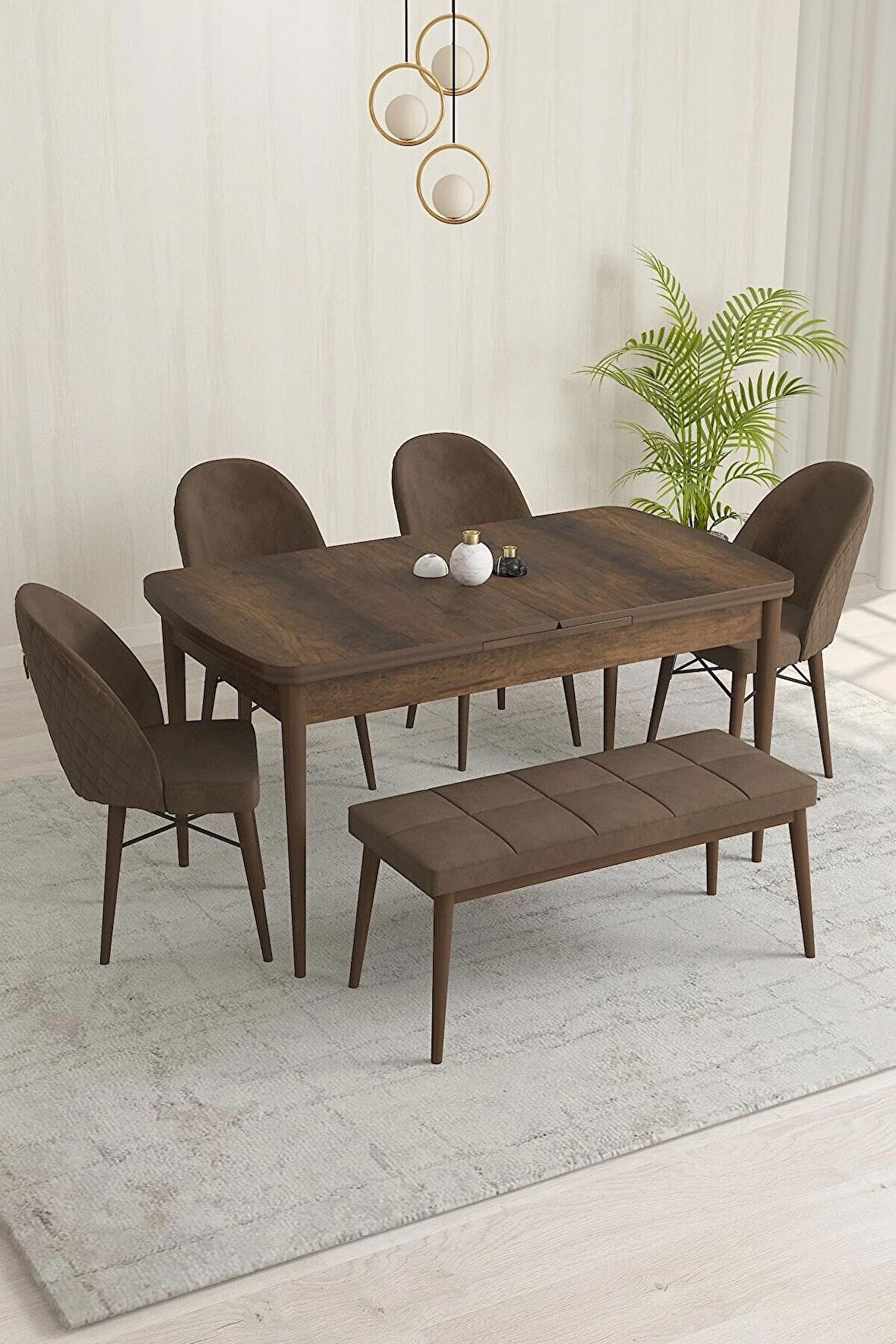 Rovena Marsilya Barok 80x132 Açılabilir Mdf Mutfak Masası Takımı 4 Adet Sandalye+1 Bench