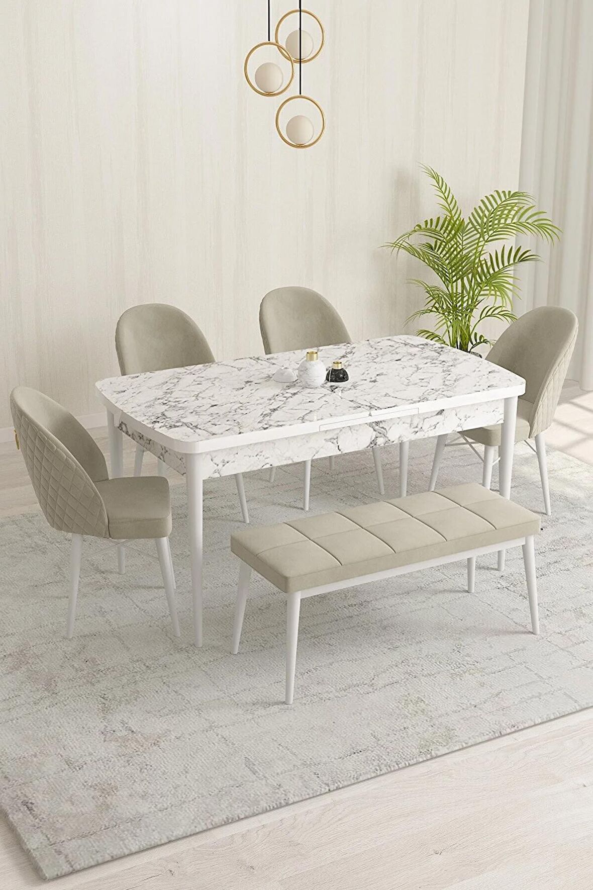Rovena Marsilya Beyaz Mermer 80x132 Açılabilir Mdf Mutfak Masası Takımı 4 Adet Sandalye+1 Bench
