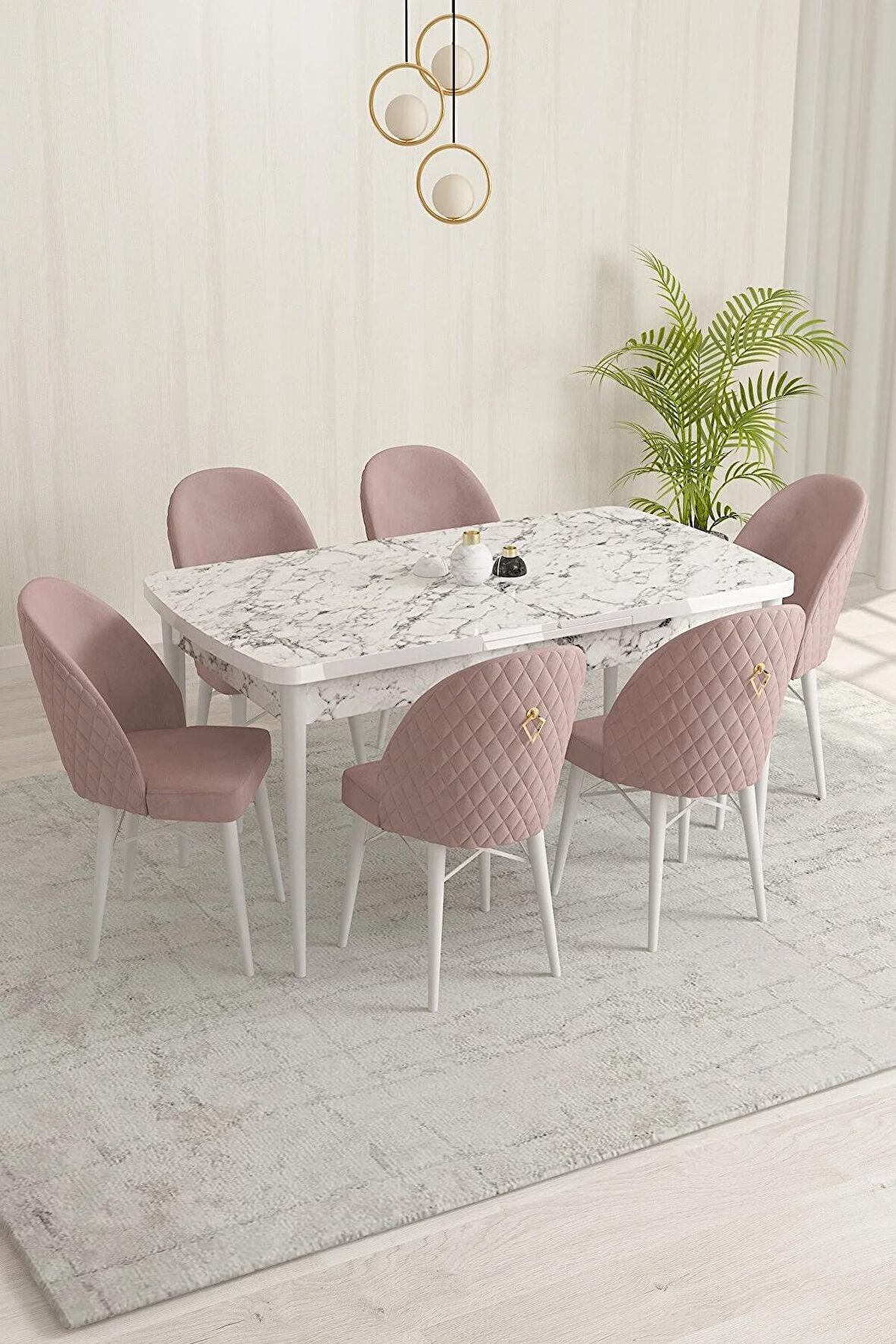 Rovena Marsilya Beyaz Mermer 80x132 Açılabilir Mdf Mutfak Masası Takımı 6 Adet Sandalye