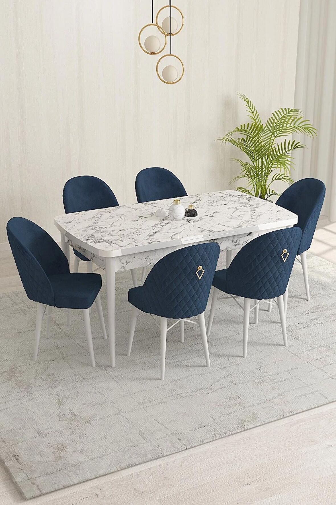 Rovena Marsilya Beyaz Mermer 80x132 Açılabilir Mdf Mutfak Masası Takımı 6 Adet Sandalye