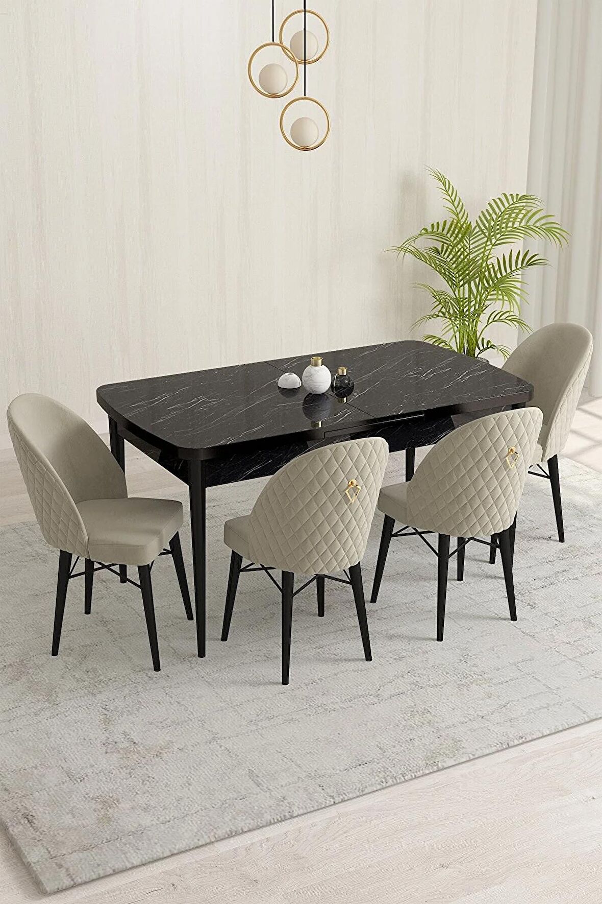 Rovena Marsilya Siyah Mermer 80x132 Açılabilir Mdf Mutfak Masası Takımı 4 Adet Sandalye