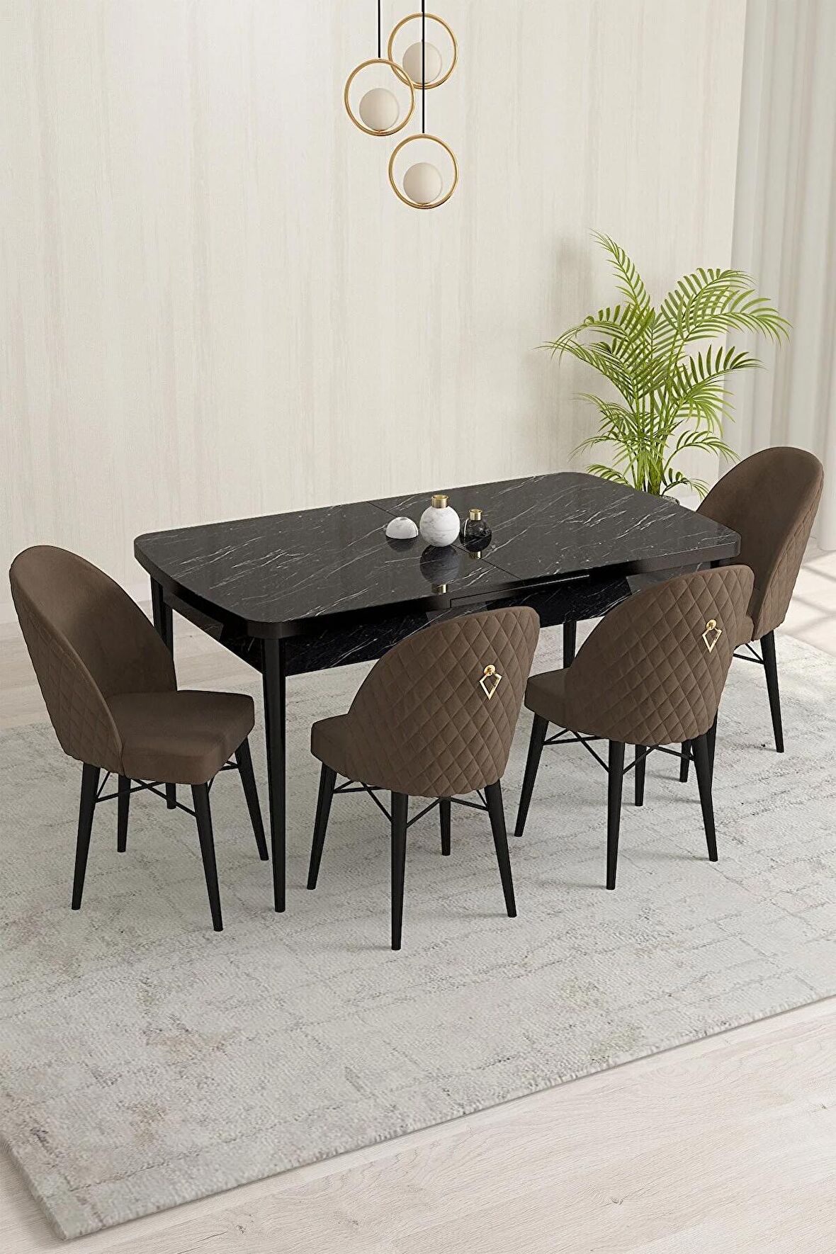 Rovena Marsilya Siyah Mermer 80x132 Açılabilir Mdf Mutfak Masası Takımı 4 Adet Sandalye