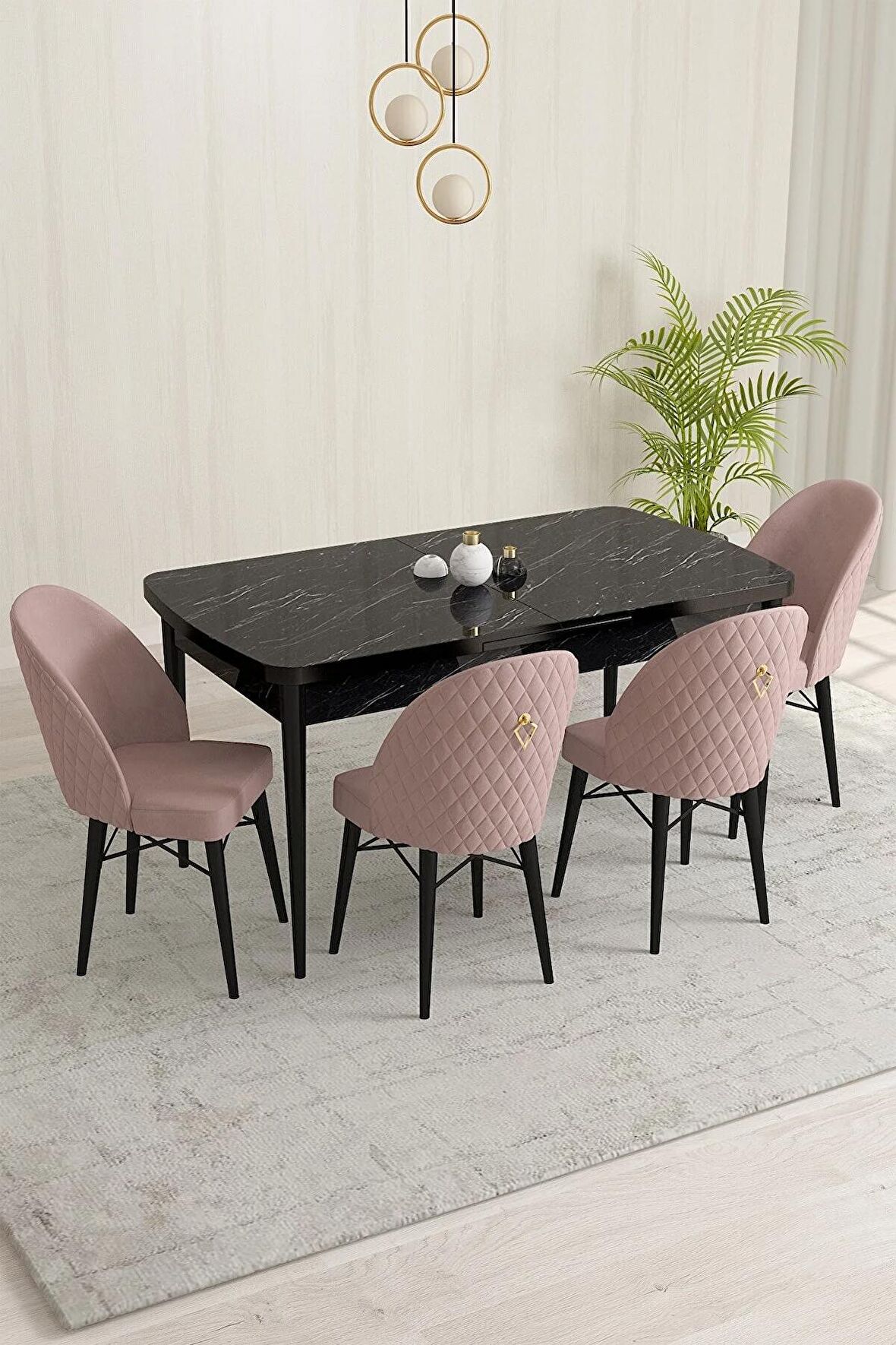 Rovena Marsilya Siyah Mermer 80x132 Açılabilir Mdf Mutfak Masası Takımı 4 Adet Sandalye