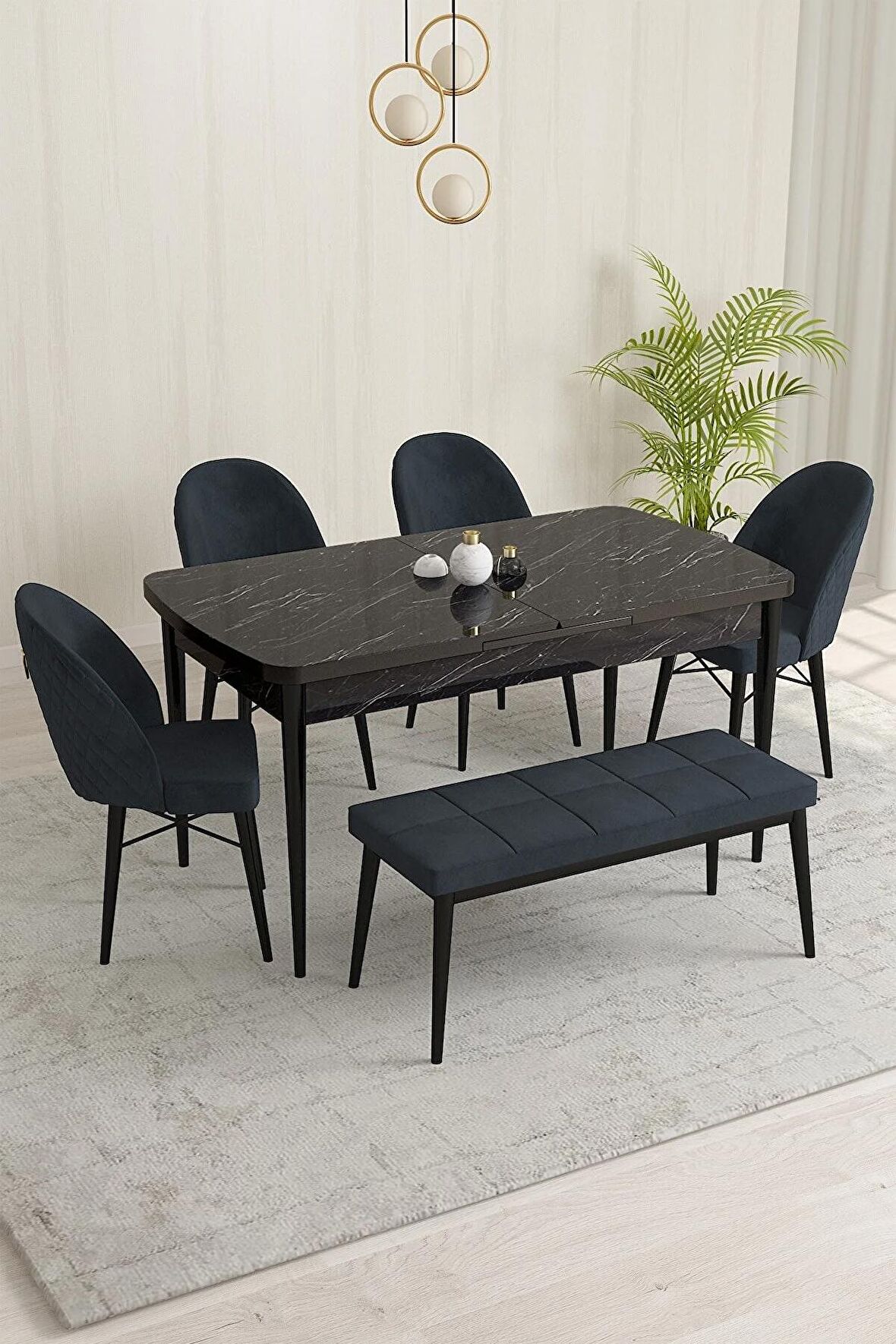Rovena Marsilya Siyah Mermer 80x132 Açılabilir Mdf Mutfak Masası Takımı 4 Adet Sandalye+1 Bench