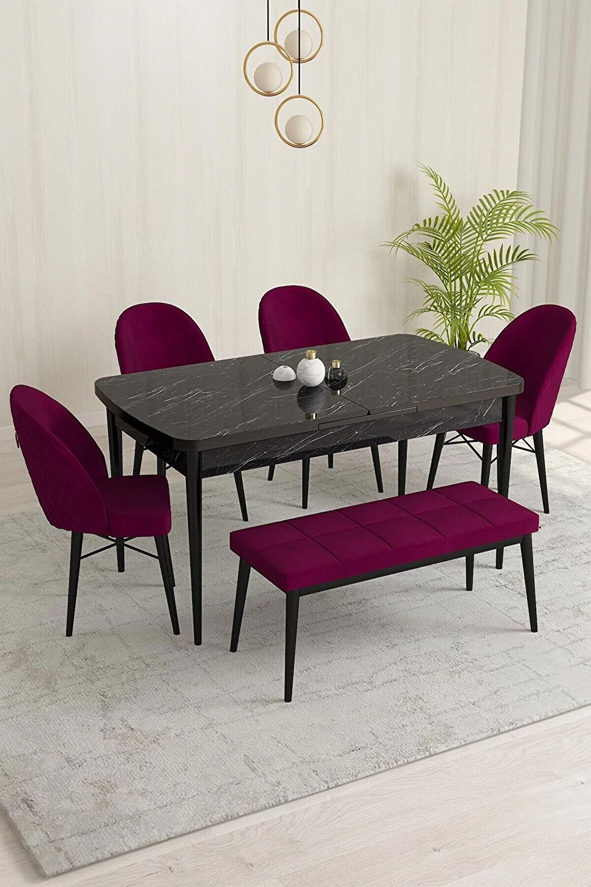 Rovena Marsilya Siyah Mermer 80x132 Açılabilir Mdf Mutfak Masası Takımı 4 Adet Sandalye+1 Bench