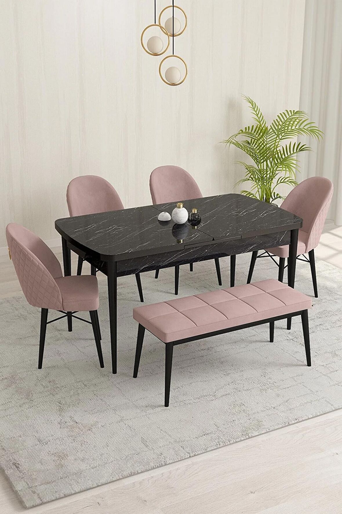 Rovena Marsilya Siyah Mermer 80x132 Açılabilir Mdf Mutfak Masası Takımı 4 Adet Sandalye+1 Bench