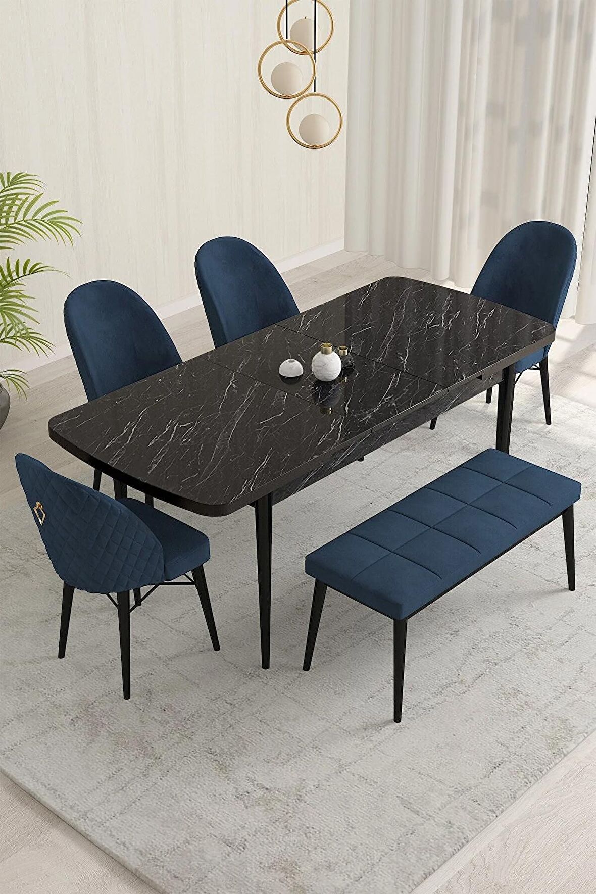 Rovena Marsilya Siyah Mermer 80x132 Açılabilir Mdf Mutfak Masası Takımı 4 Adet Sandalye+1 Bench