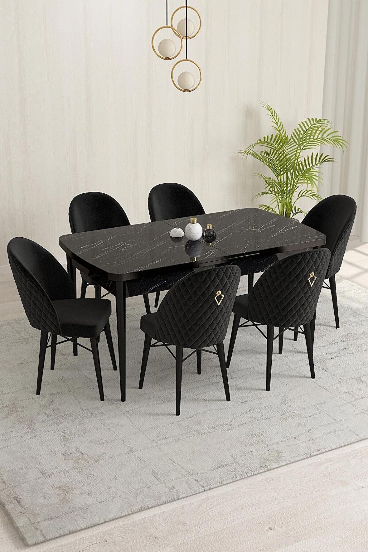 Rovena Marsilya Siyah Mermer 80x132 Açılabilir Mdf Mutfak Masası Takımı 6 Adet Sandalye