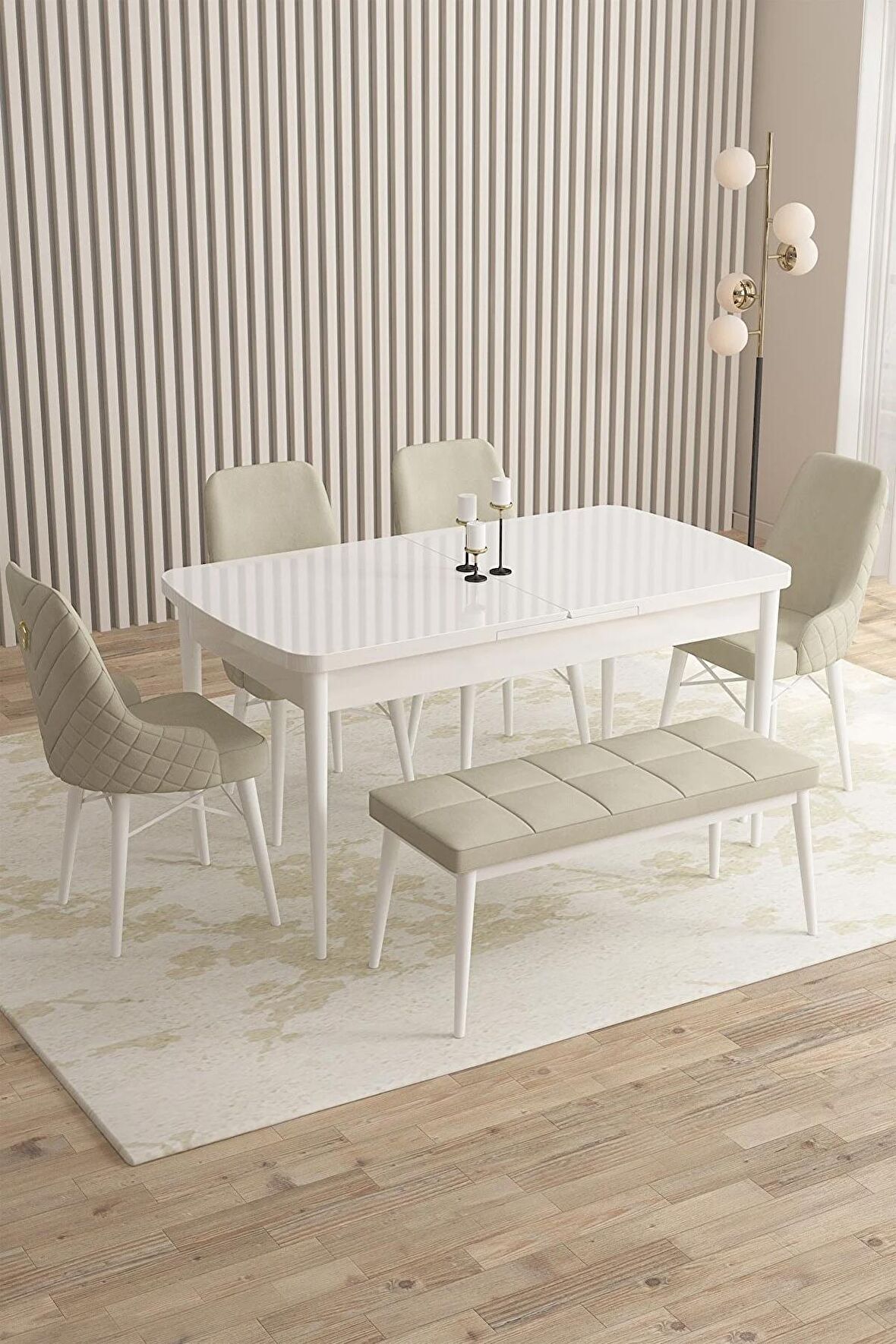 Rovena Flora Beyaz 80x132 Açılabilir Mdf Mutfak Masası Takımı 4 Adet Sandalye+1 Bench