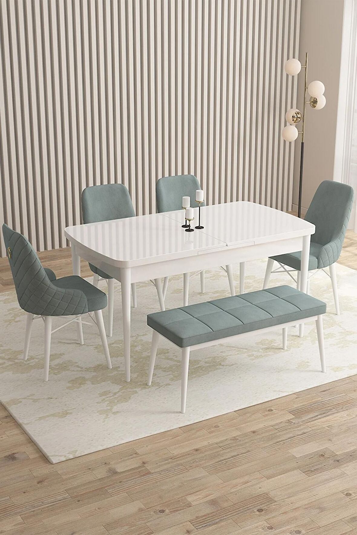 Rovena Flora Beyaz 80x132 Açılabilir Mdf Mutfak Masası Takımı 4 Adet Sandalye+1 Bench
