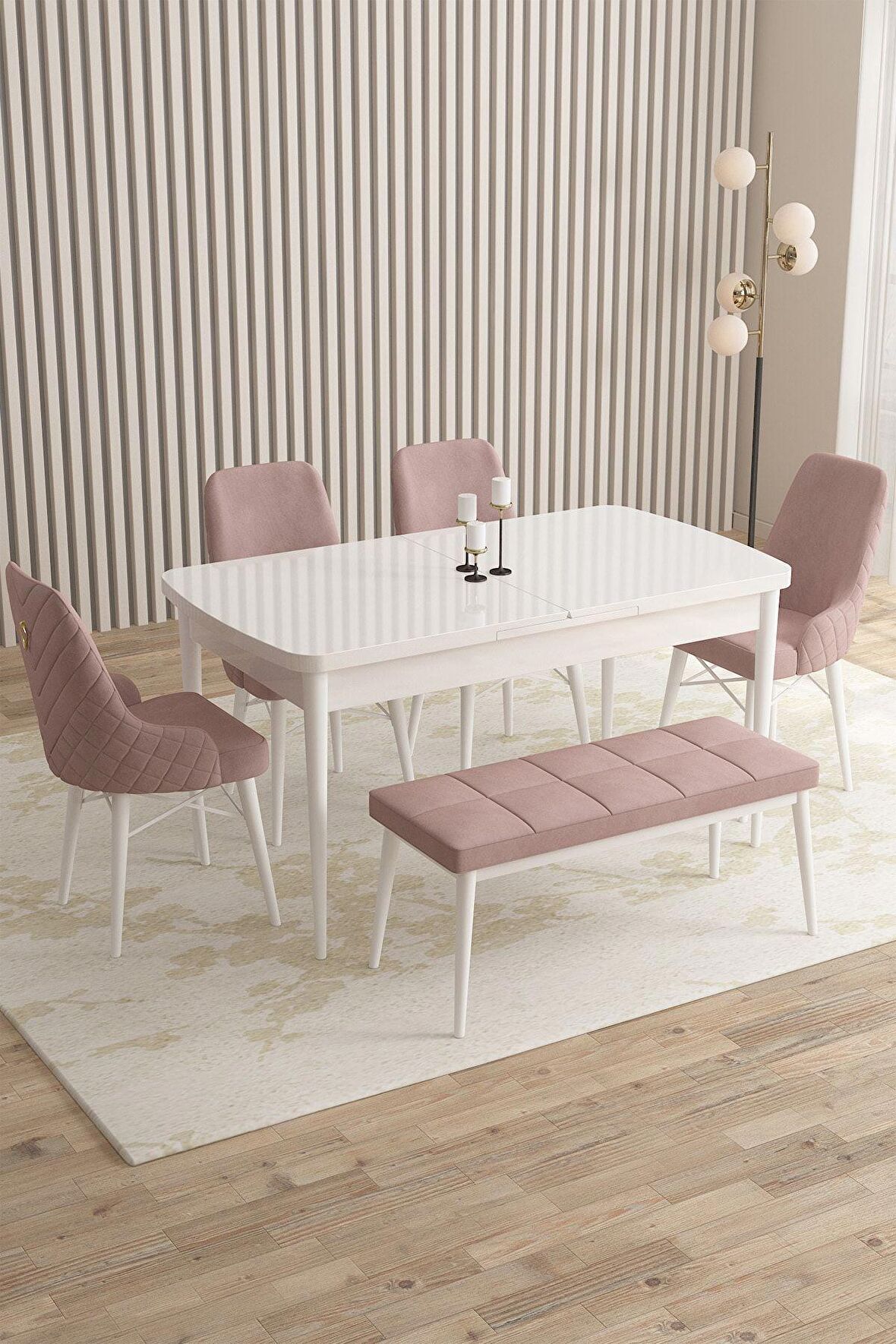 Rovena Flora Beyaz 80x132 Açılabilir Mdf Mutfak Masası Takımı 4 Adet Sandalye+1 Bench