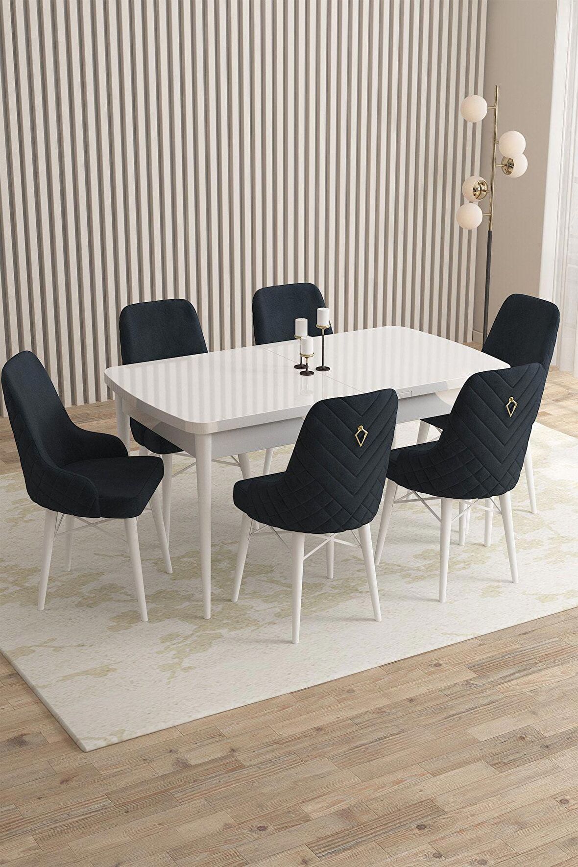 Rovena Flora Beyaz 80x132 Açılabilir Mdf Mutfak Masası Takımı 6 Adet Sandalye