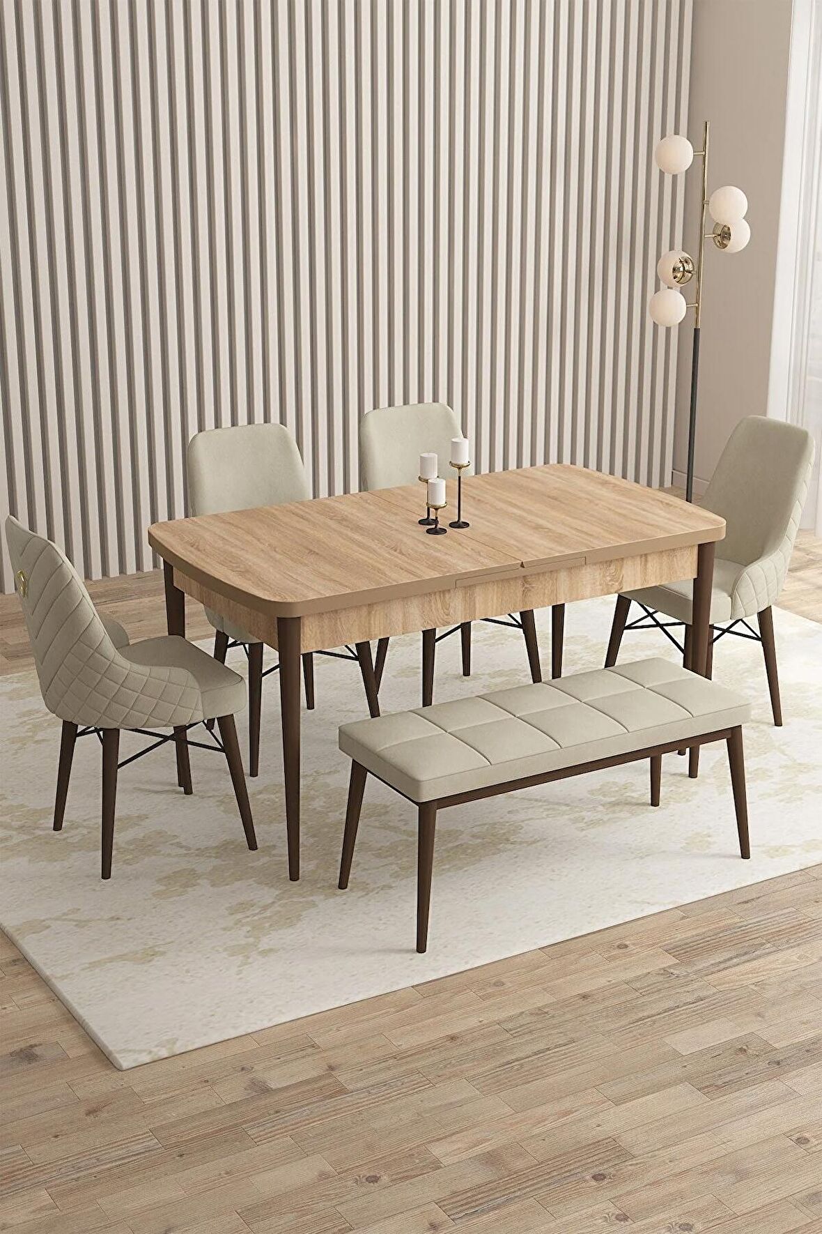 Rovena Flora Meşe 80x132 Açılabilir Mdf Mutfak Masası Takımı 4 Adet Sandalye+1 Bench