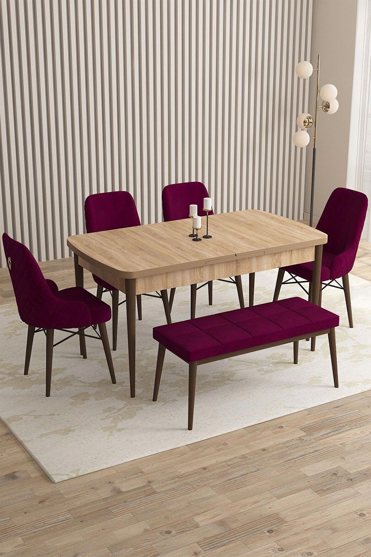 Rovena Flora Meşe 80x132 Açılabilir Mdf Mutfak Masası Takımı 4 Adet Sandalye+1 Bench