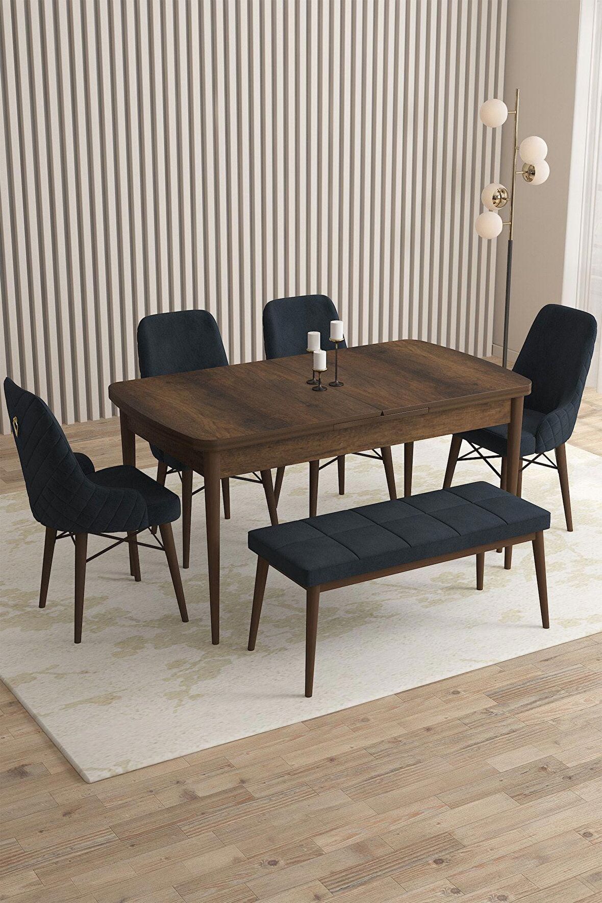 Rovena Flora Barok 80x132 Açılabilir Mdf Mutfak Masası Takımı 4 Adet Sandalye+1 Bench