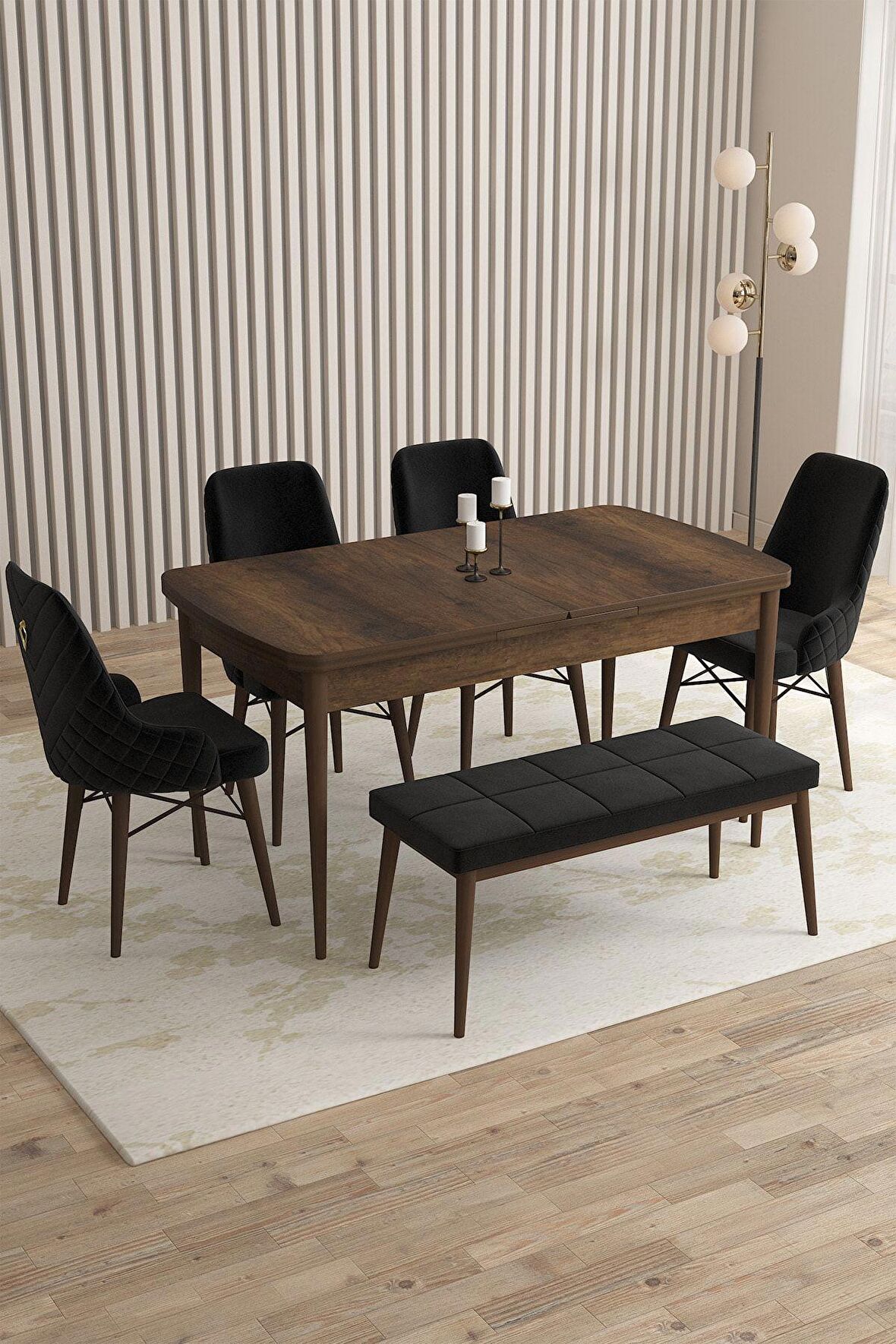 Rovena Flora Barok 80x132 Açılabilir Mdf Mutfak Masası Takımı 4 Adet Sandalye+1 Bench