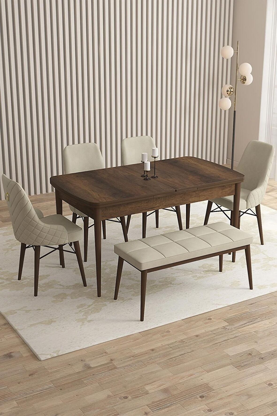 Rovena Flora Barok 80x132 Açılabilir Mdf Mutfak Masası Takımı 4 Adet Sandalye+1 Bench