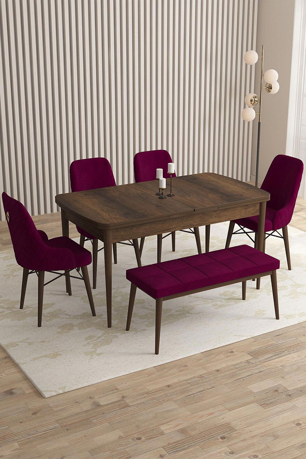 Rovena Flora Barok 80x132 Açılabilir Mdf Mutfak Masası Takımı 4 Adet Sandalye+1 Bench