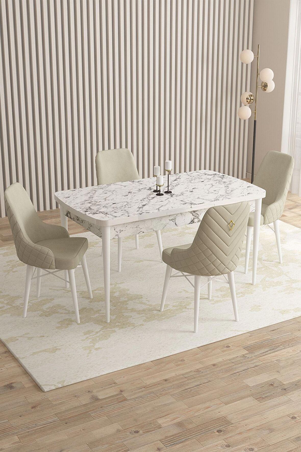Rovena Flora Beyaz Mermer 80x132 Açılabilir Mdf Mutfak Masası Takımı 4 Adet Sandalye