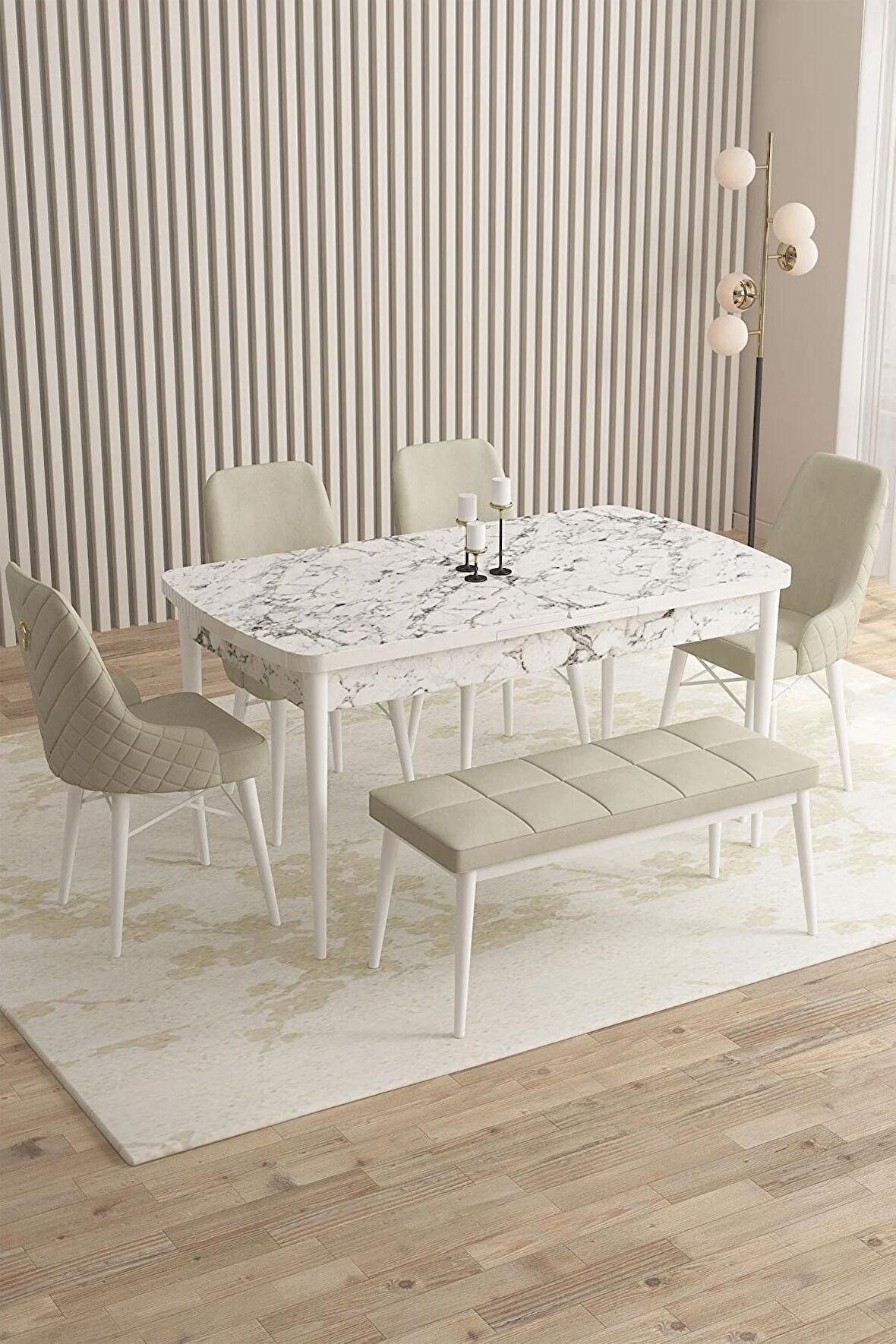 Rovena Flora Beyaz Mermer 80x132 Açılabilir Mdf Mutfak Masası Takımı 4 Adet Sandalye+1 Bench