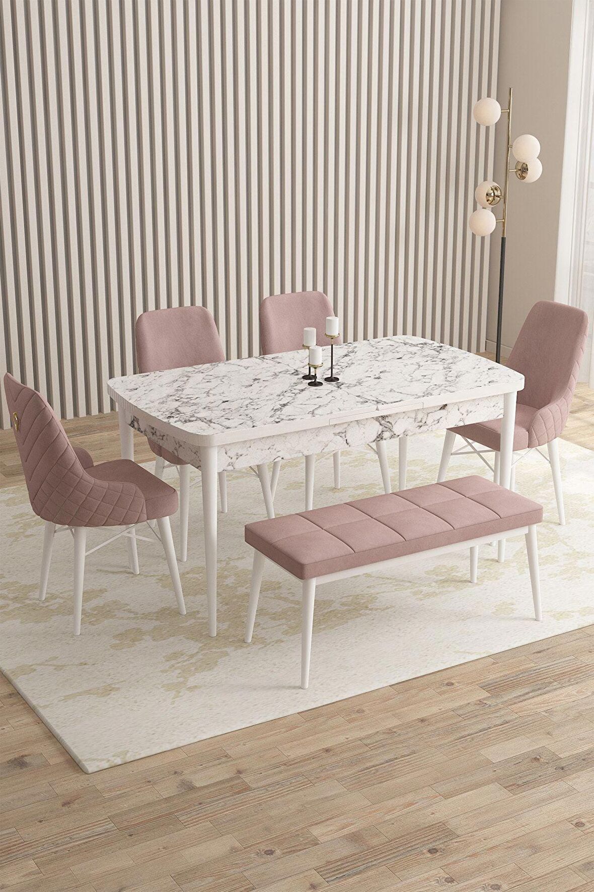 Rovena Flora Beyaz Mermer 80x132 Açılabilir Mdf Mutfak Masası Takımı 4 Adet Sandalye+1 Bench