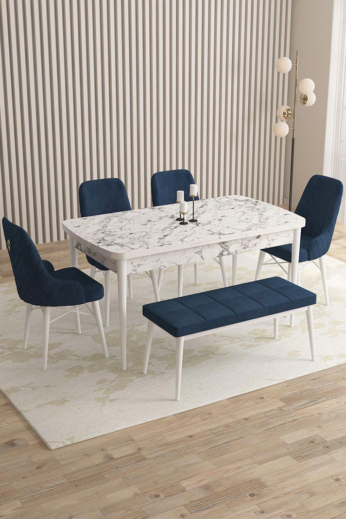 Rovena Flora Beyaz Mermer 80x132 Açılabilir Mdf Mutfak Masası Takımı 4 Adet Sandalye+1 Bench