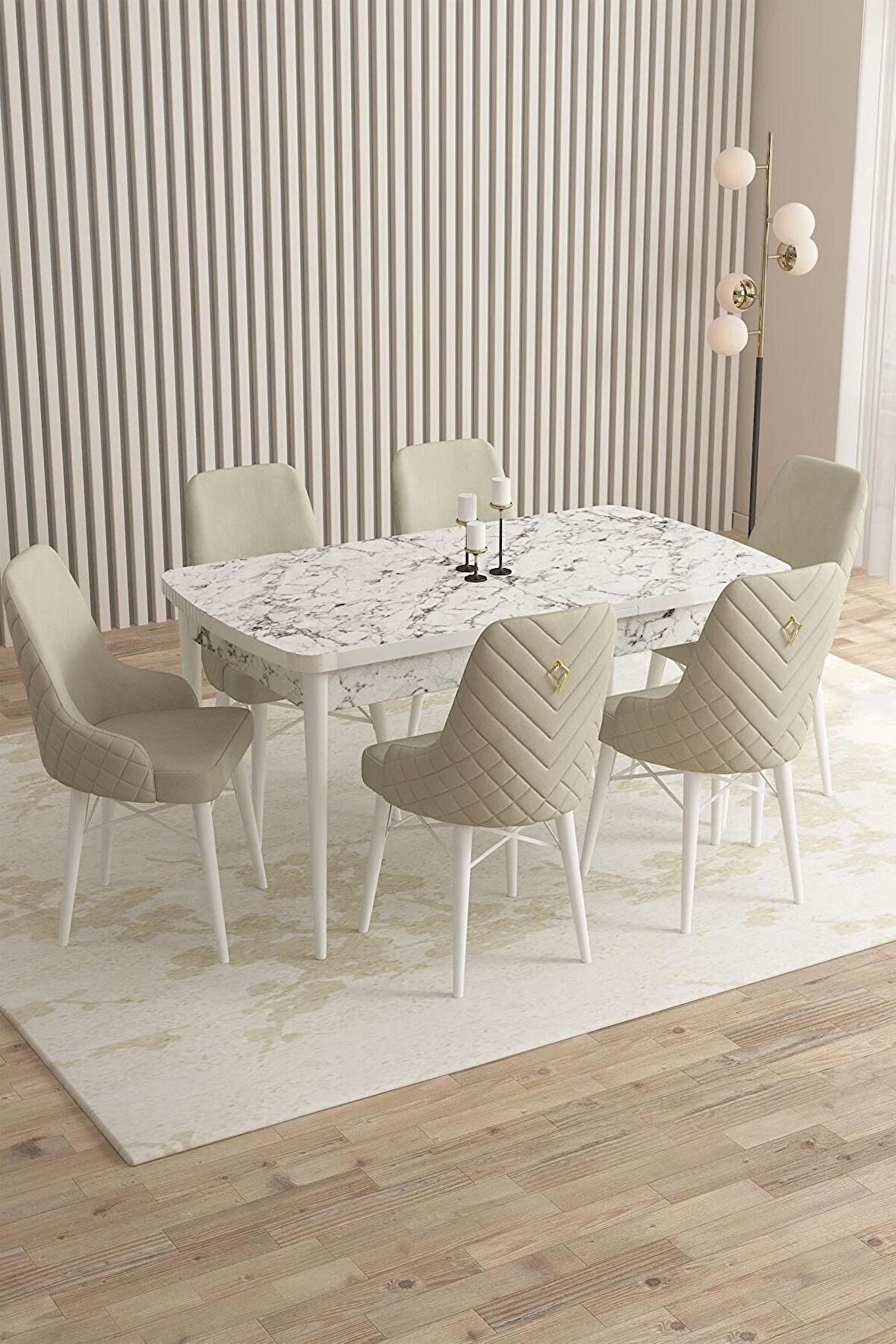 Rovena Flora Beyaz Mermer 80x132 Açılabilir Mdf Mutfak Masası Takımı 6 Adet Sandalye