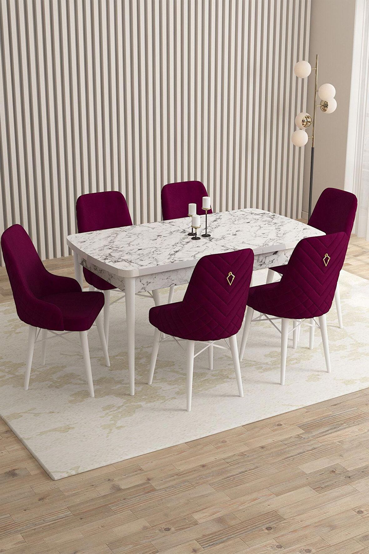 Rovena Flora Beyaz Mermer 80x132 Açılabilir Mdf Mutfak Masası Takımı 6 Adet Sandalye