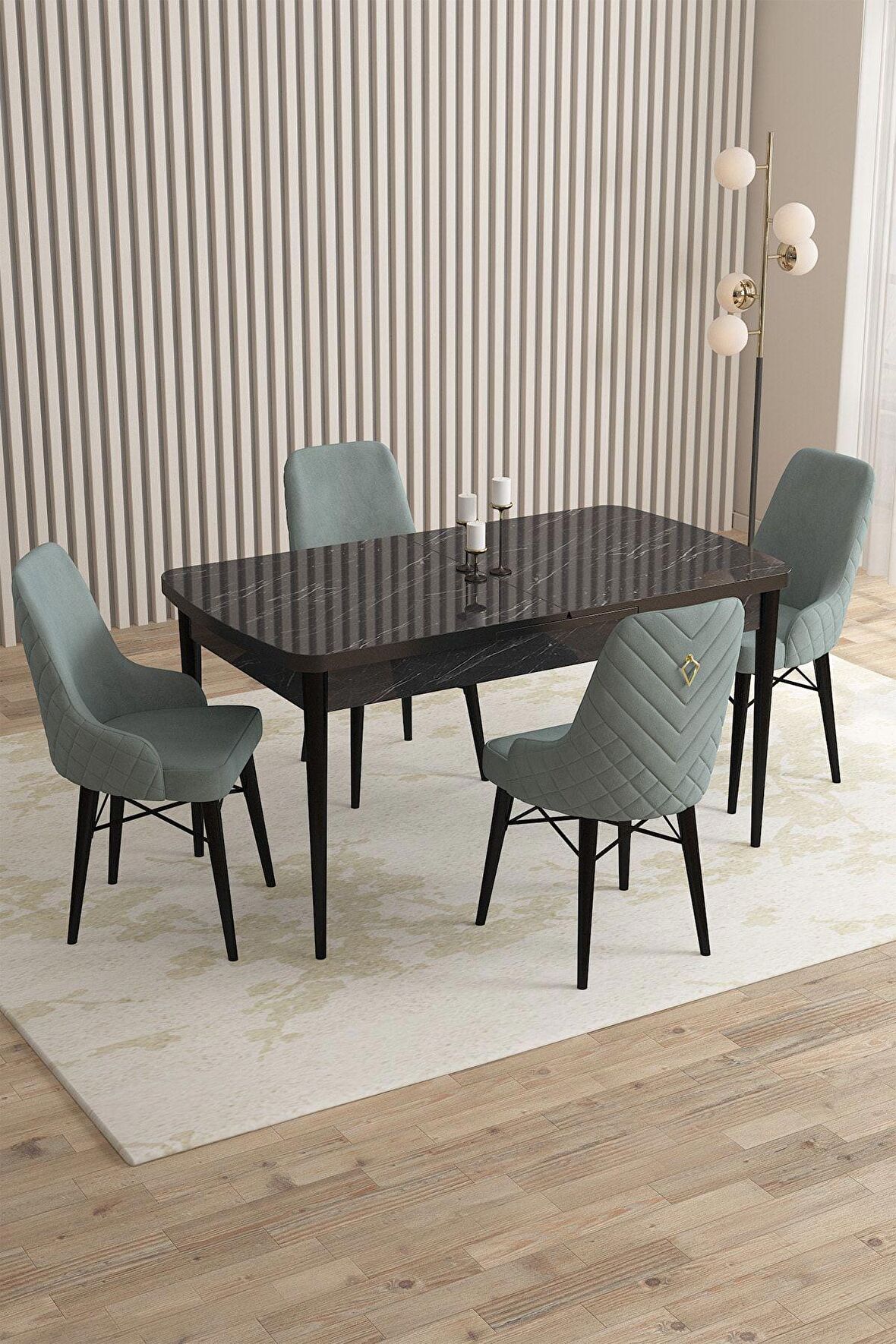 Rovena Flora Siyah Mermer 80x132 Açılabilir Mdf Mutfak Masası Takımı 4 Adet Sandalye