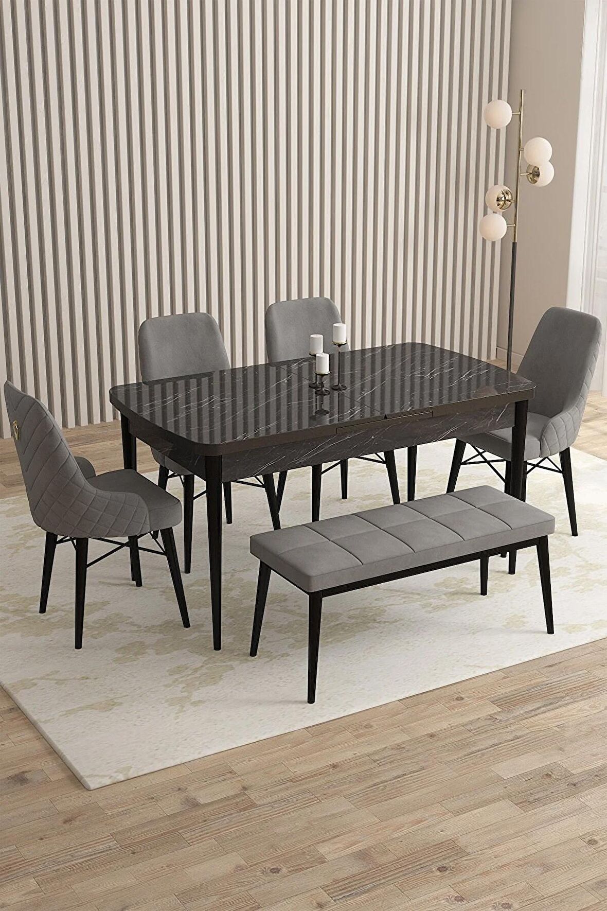 Rovena Flora Siyah Mermer 80x132 Açılabilir Mdf Mutfak Masası Takımı 4 Adet Sandalye+1 Bench