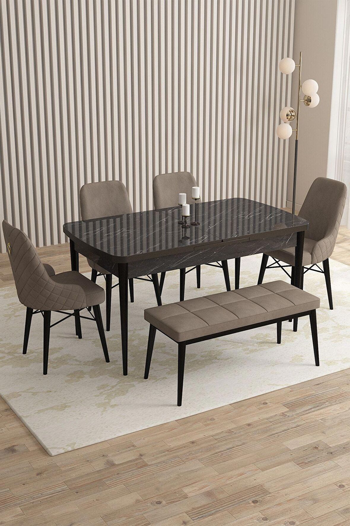 Rovena Flora Siyah Mermer 80x132 Açılabilir Mdf Mutfak Masası Takımı 4 Adet Sandalye+1 Bench