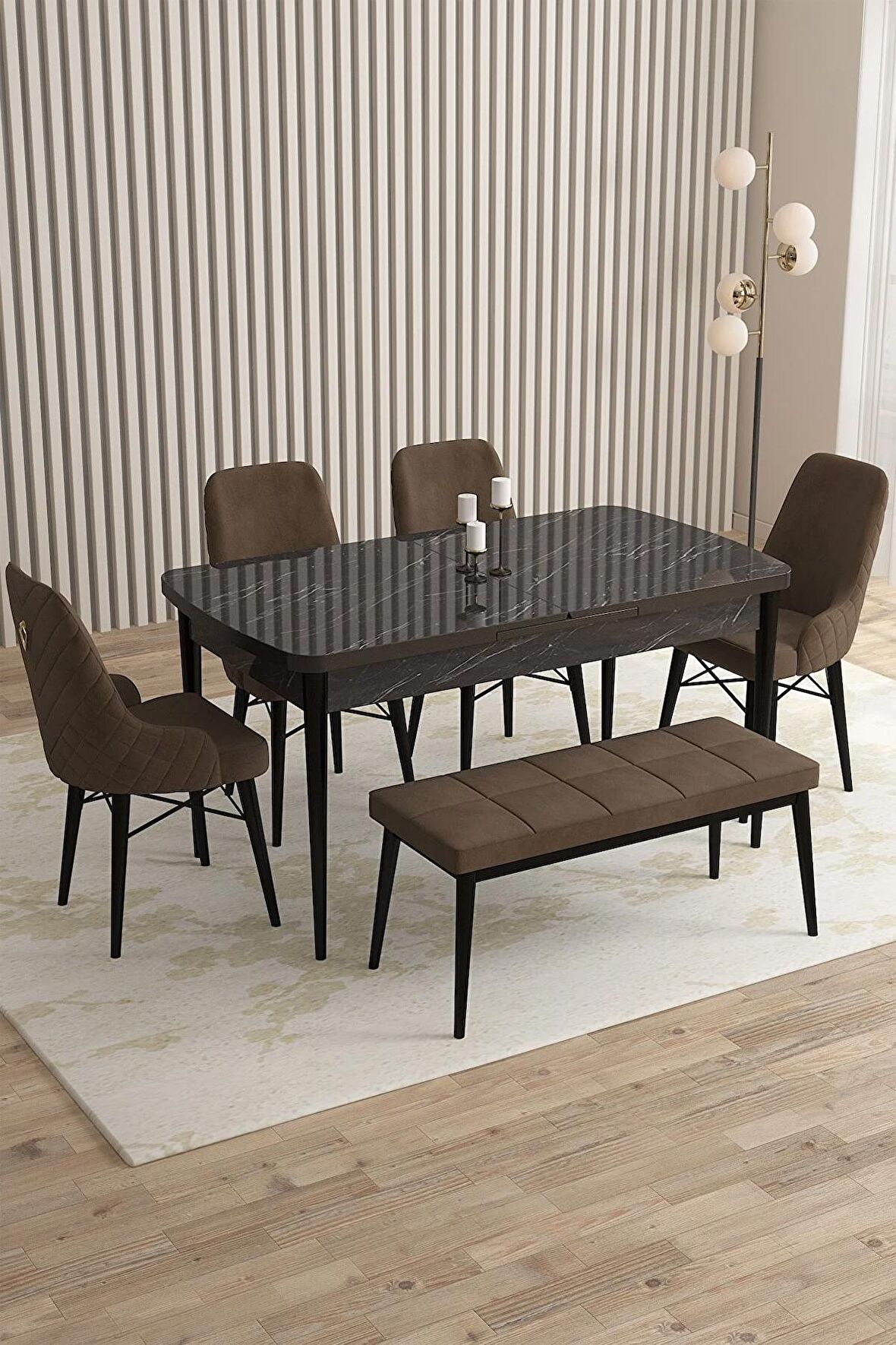 Rovena Flora Siyah Mermer 80x132 Açılabilir Mdf Mutfak Masası Takımı 4 Adet Sandalye+1 Bench