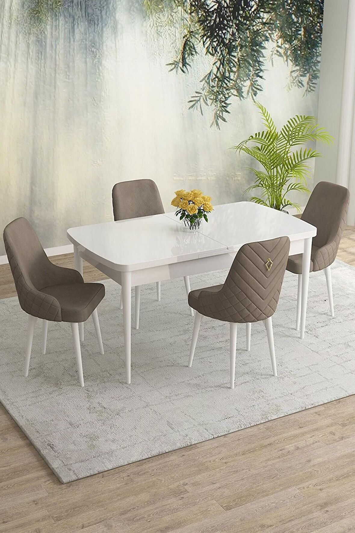 Rovena Eylül Beyaz 80x132 Açılabilir Mdf Mutfak Masası Takımı 4 Adet Sandalye