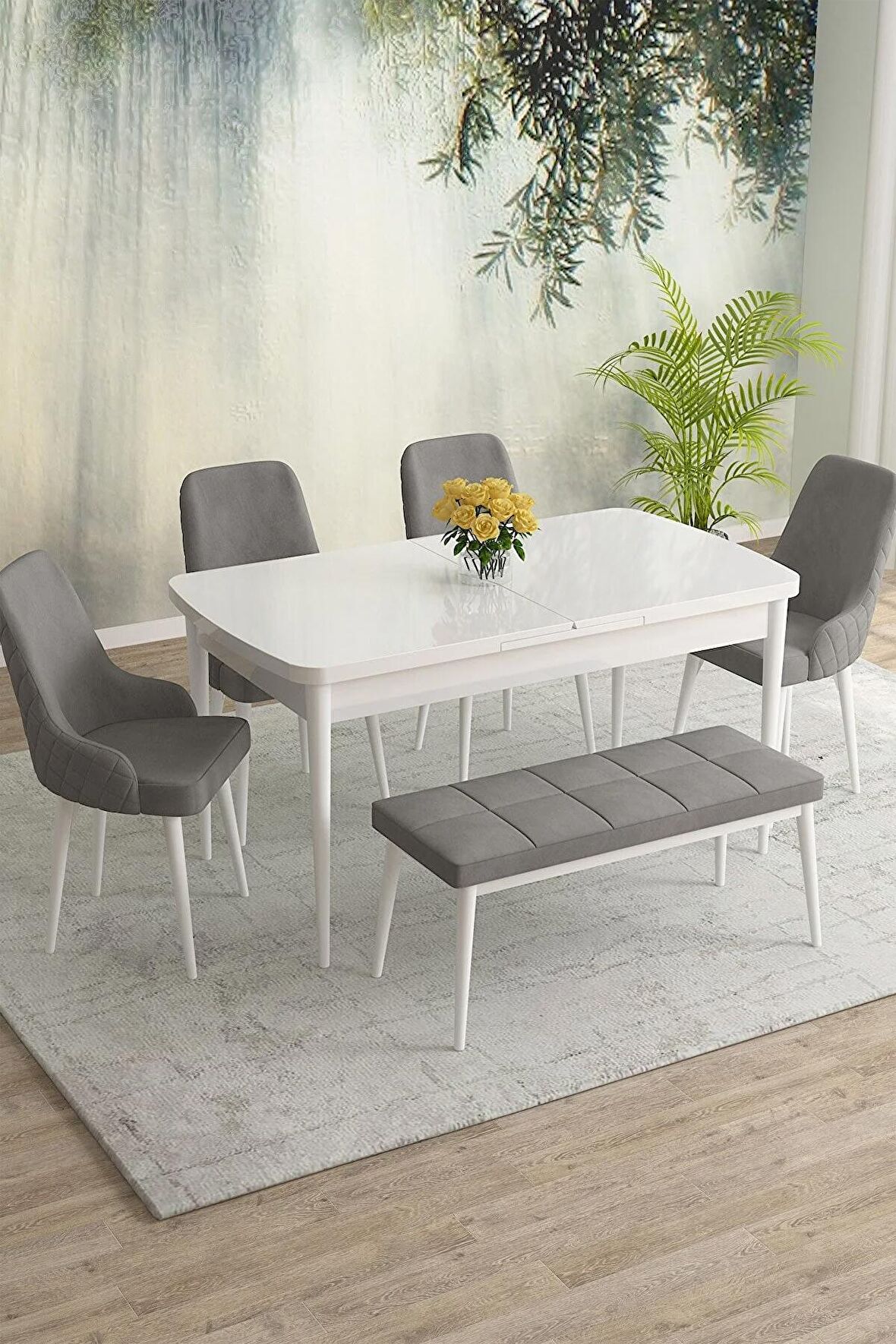 Rovena Eylül Beyaz 80x132 Açılabilir Mdf Mutfak Masası Takımı 4 Adet Sandalye+1 Bench