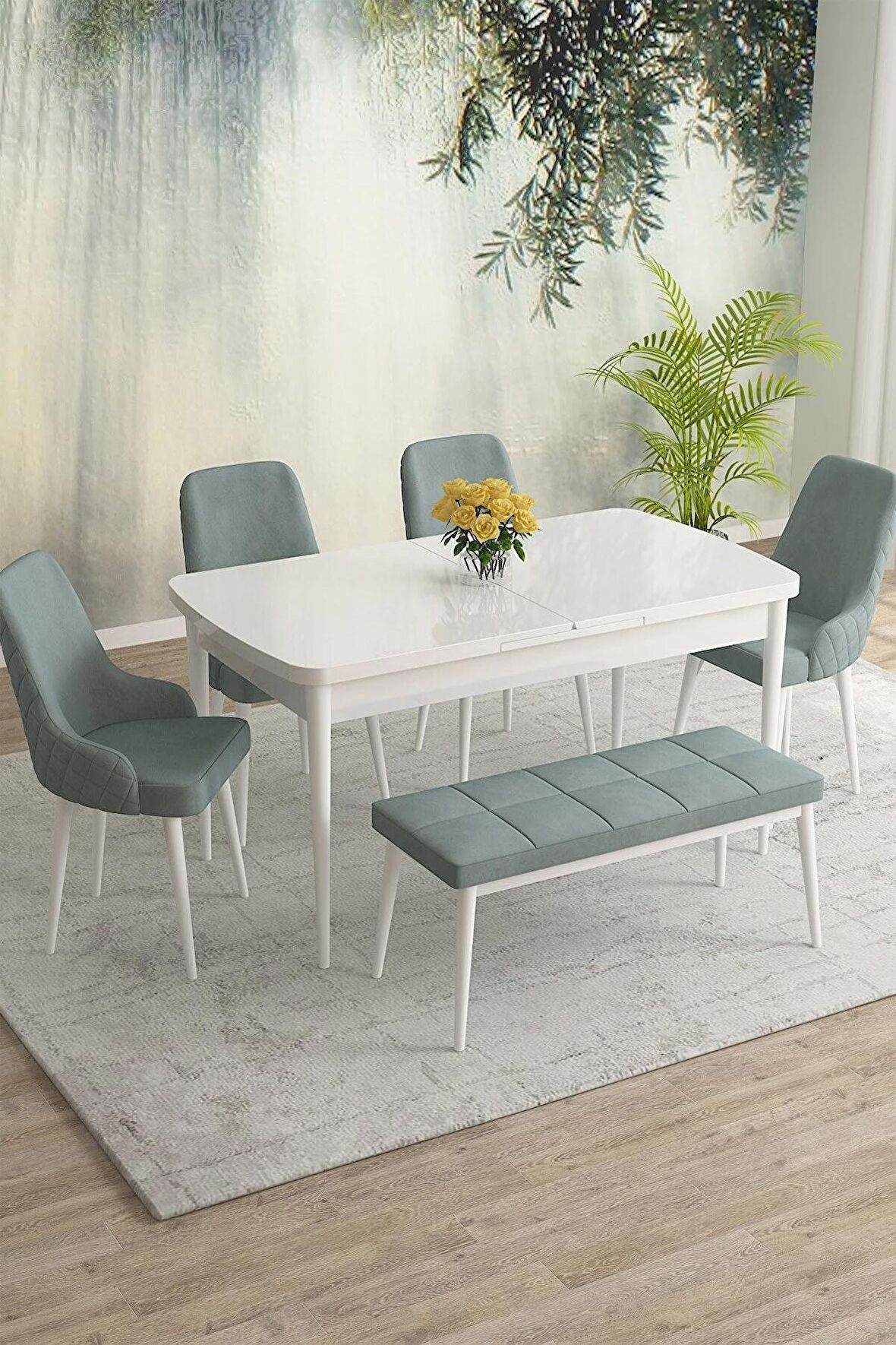 Rovena Eylül Beyaz 80x132 Açılabilir Mdf Mutfak Masası Takımı 4 Adet Sandalye+1 Bench