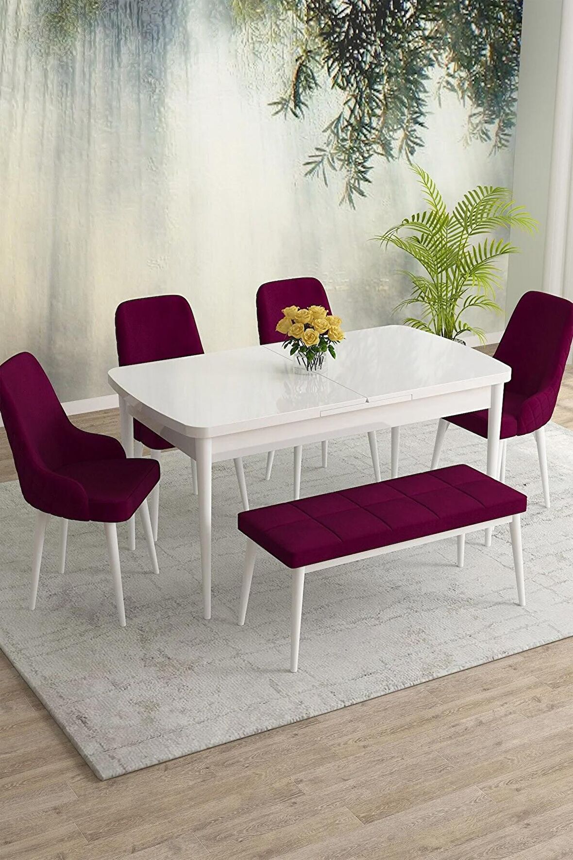 Rovena Eylül Beyaz 80x132 Açılabilir Mdf Mutfak Masası Takımı 4 Adet Sandalye+1 Bench