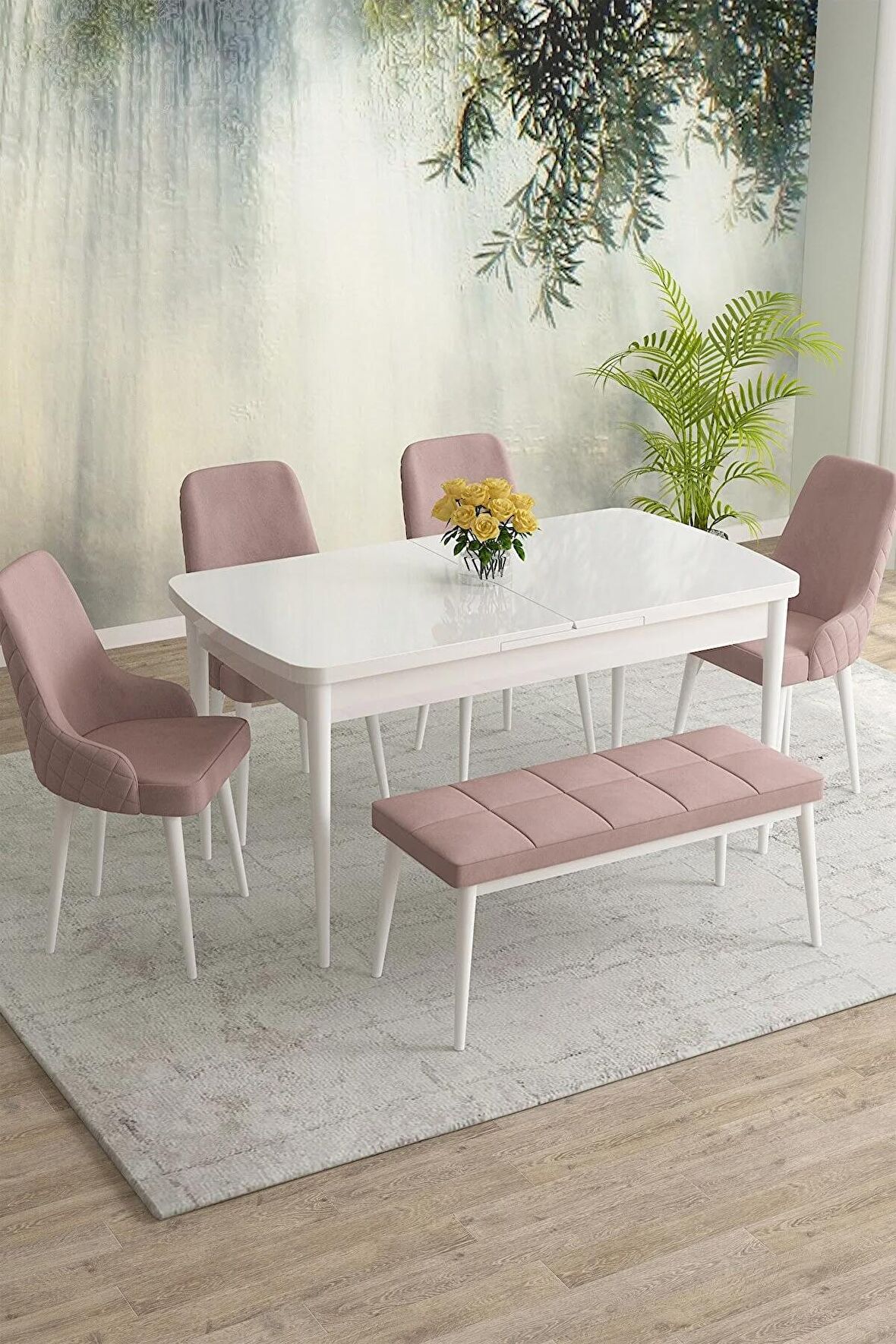 Rovena Eylül Beyaz 80x132 Açılabilir Mdf Mutfak Masası Takımı 4 Adet Sandalye+1 Bench