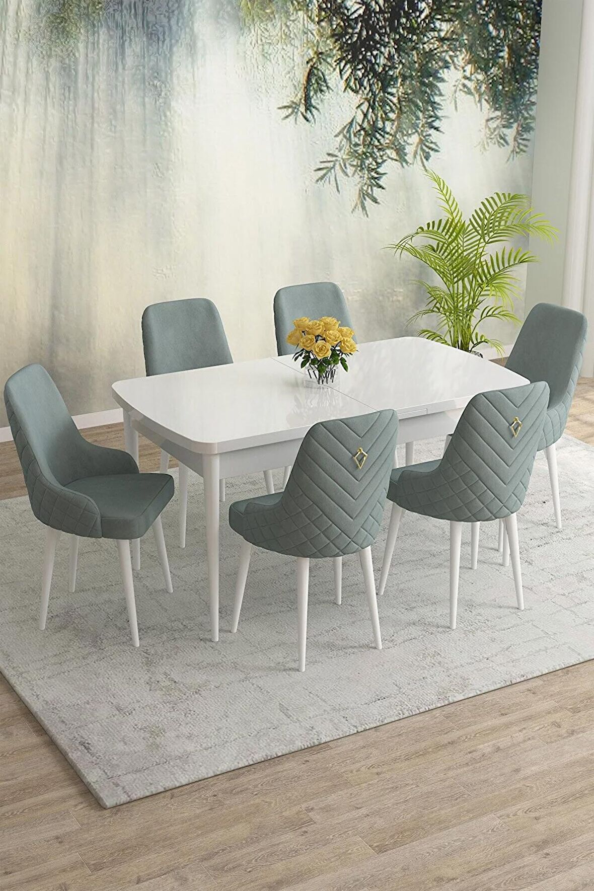 Rovena Eylül Beyaz 80x132 Açılabilir Mdf Mutfak Masası Takımı 6 Adet Sandalye