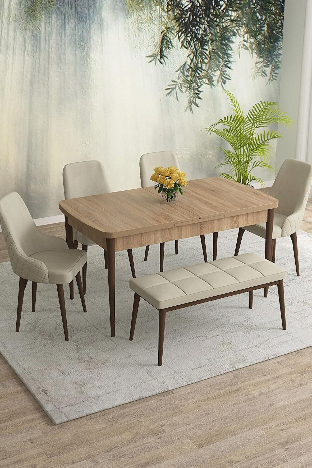 Rovena Eylül Meşe 80x132 Açılabilir Mdf Mutfak Masası Takımı 4 Adet Sandalye+1 Bench